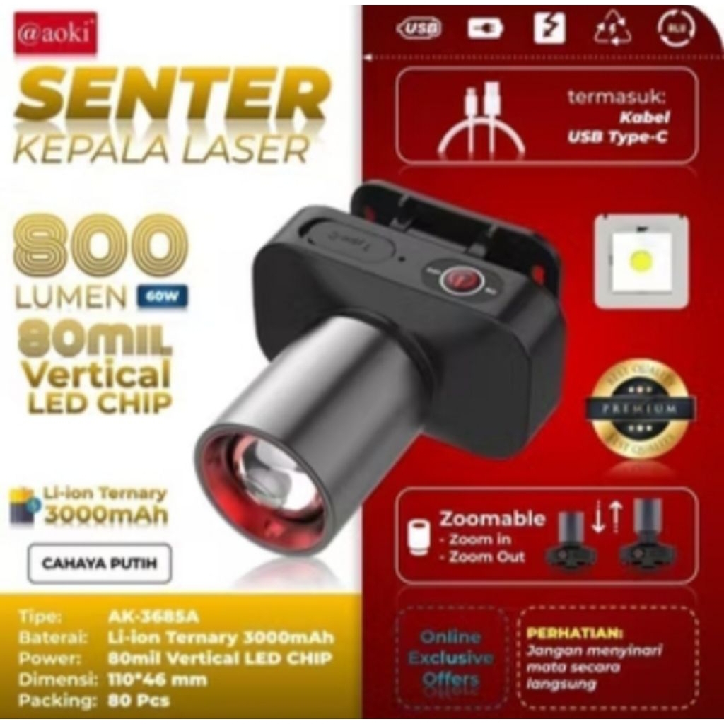 senter Kepala Zoom Aoki Super Terang dan tahan lama ak-3685a