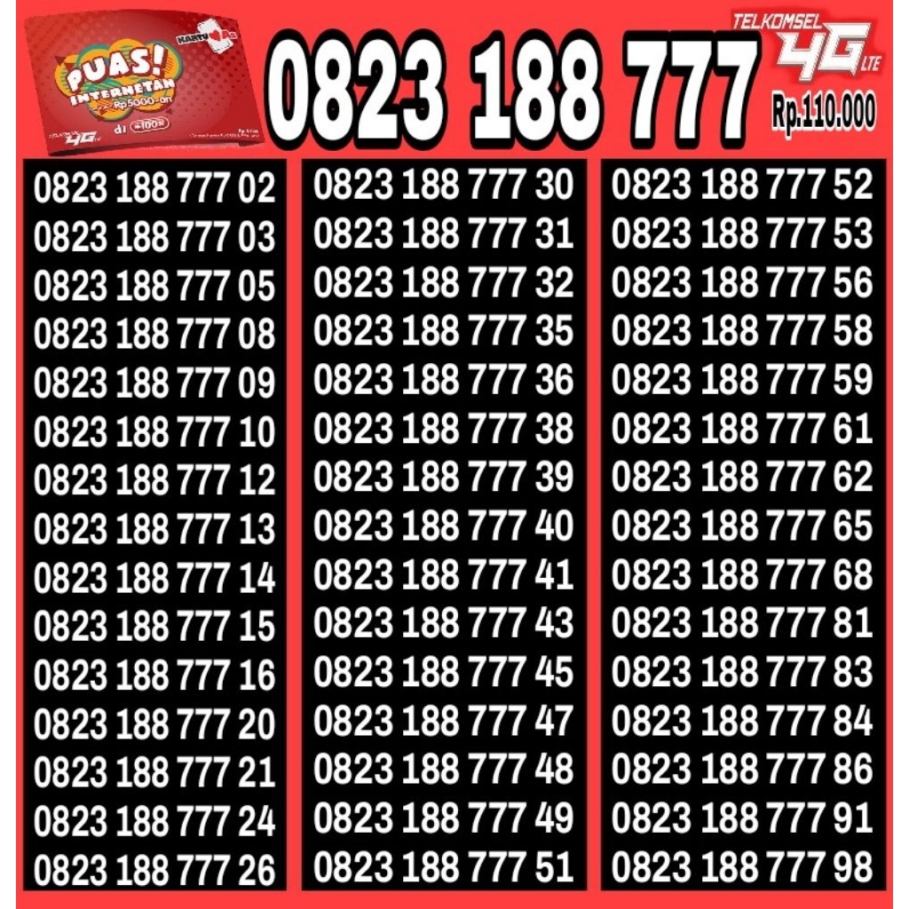 NOMOR CANTIK TELKOMSEL AS 4G LTE 777 - O823 188 777