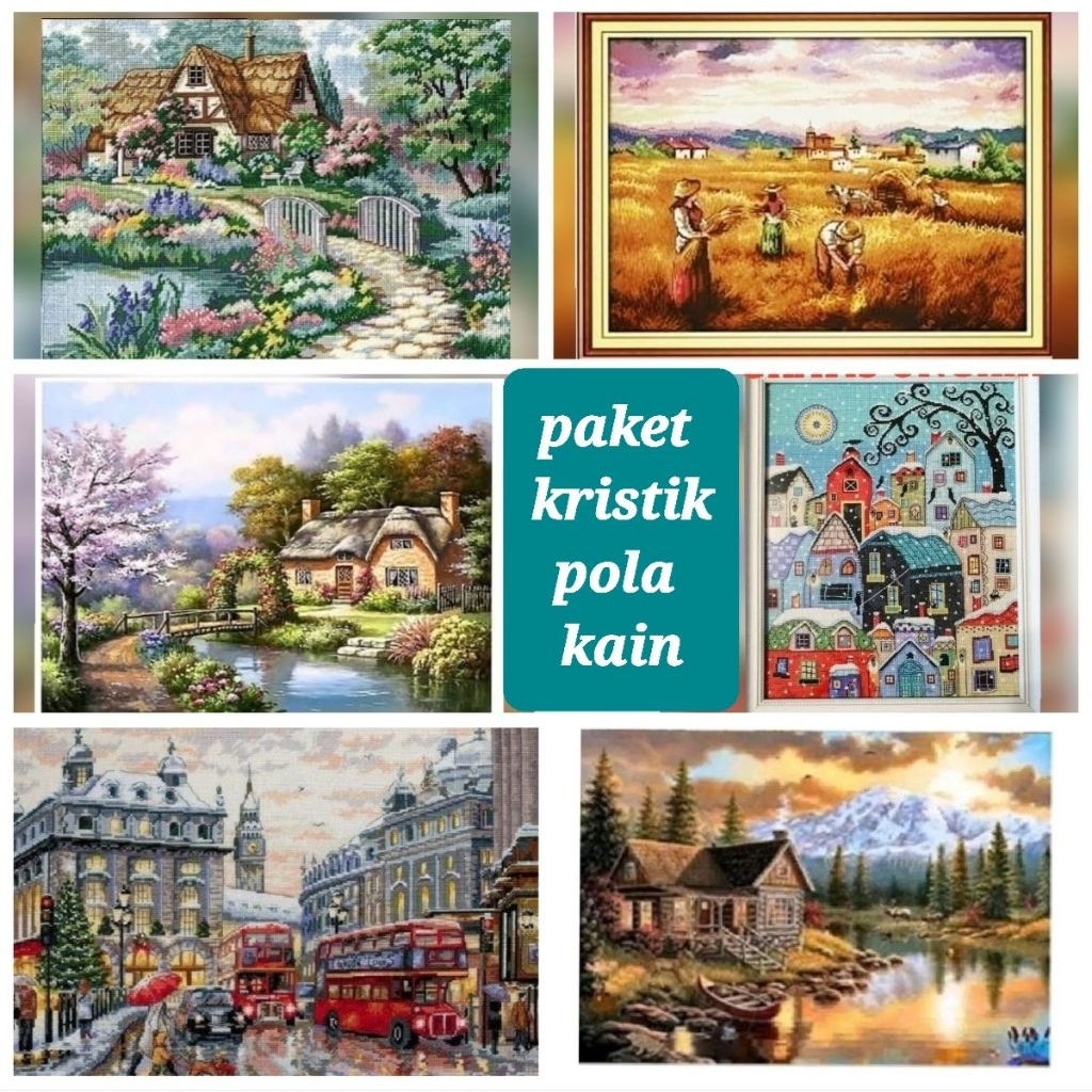 CROSS STITCH PAKET KRISTIK PEMANDANGAN RUMAH STREET POLA KAIN PANEN PADI SALJU