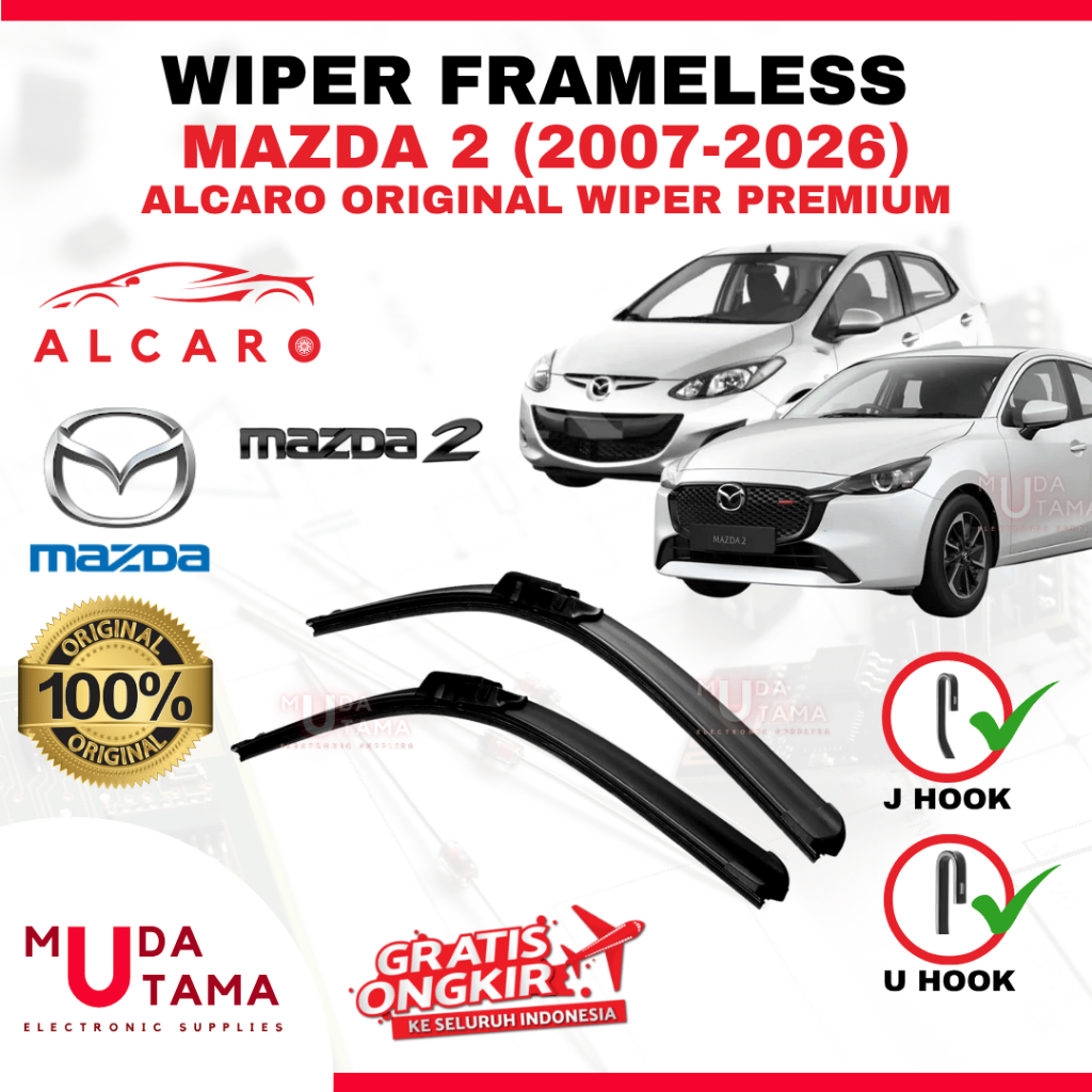 Wiper Frameless MAZDA 2 2007 s/d 2026 Original Alcaro - Sapu Kaca MAZDA 2 - Wiper MAZDA 2 Frameless 