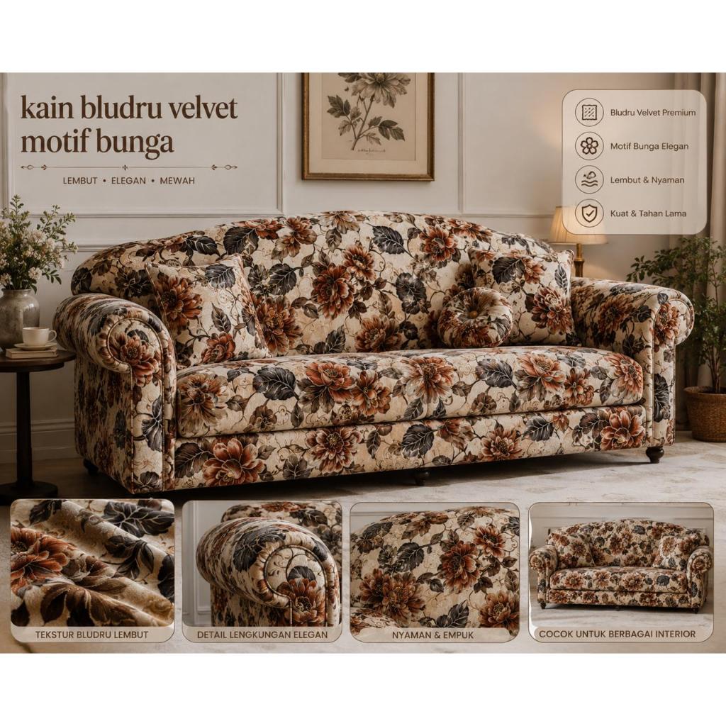 Kain Bludru Beludru Velvet Print Admiral Motif Bunga Kembang - Kain Sofa, Kursi, Jok, Sarung Bantal,