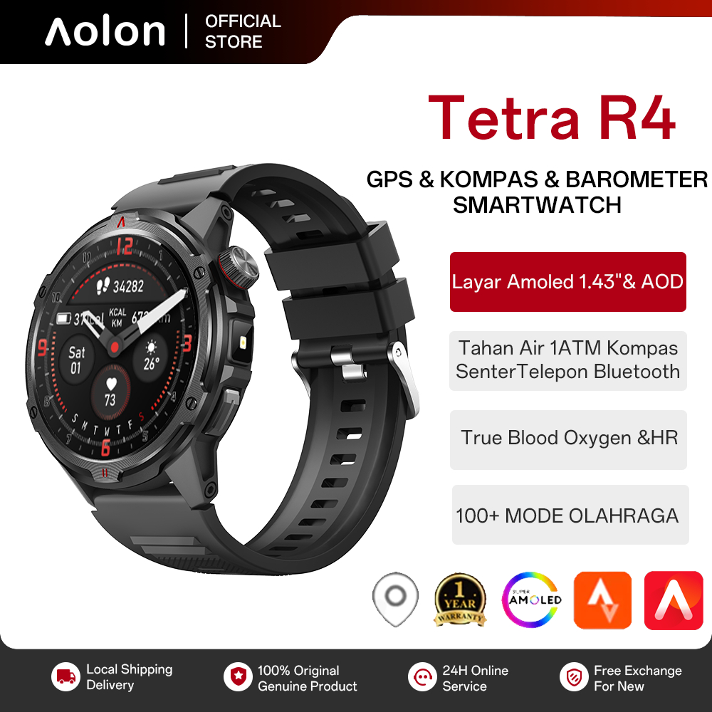 100% Original Aolon Tetra R4 Smartwatch Pria 1.43'' AMOLED AOD AGPS Strava Connect 1ATM tahan air Wa