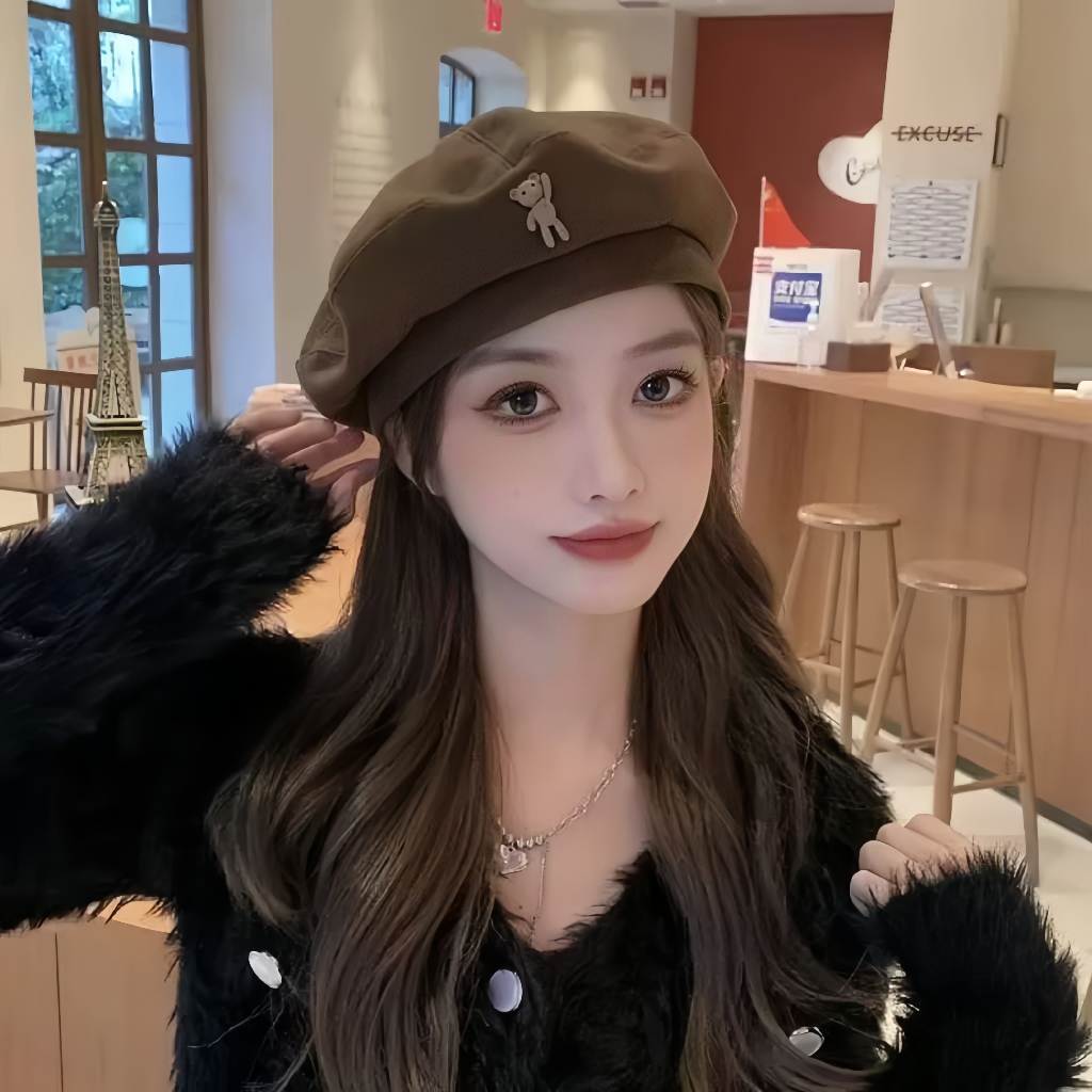 AQILA STORE Topi Wanita Elegant/ Topi Model Baret Motif Boneka Kecil Gaya Korea Import