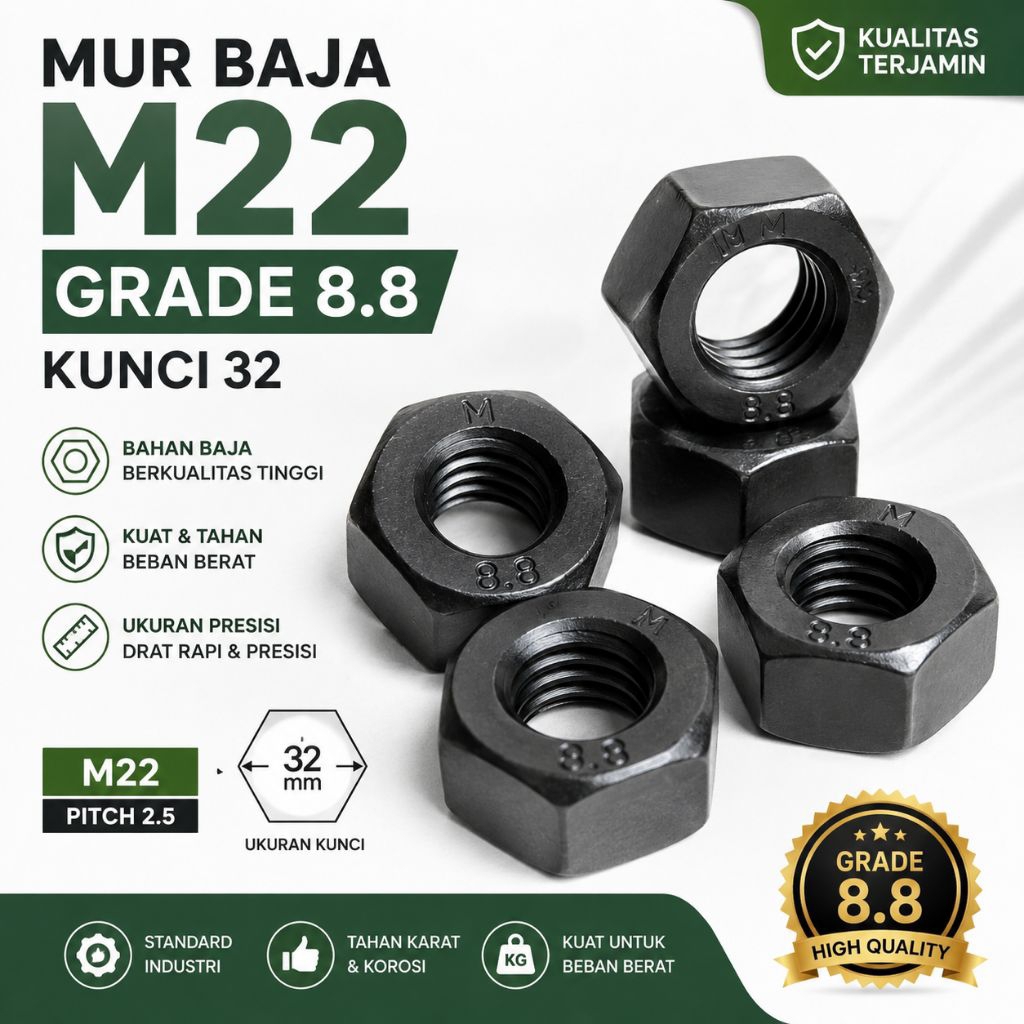Mur Baja M22 Grade 8.8 Kunci 32 Hex Nut Baut Besar Heavy Duty Kuat Tahan Karat