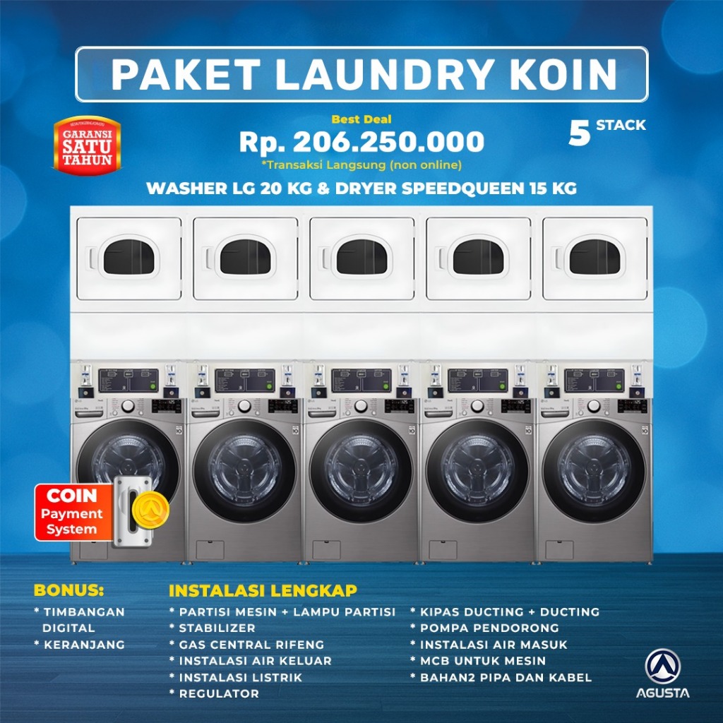Paket Mesin Laundry Coin 5 Stack Mesin Cuci LG 20 kg & Mesin Pengering Speedqueen 15 kg + Instalasi