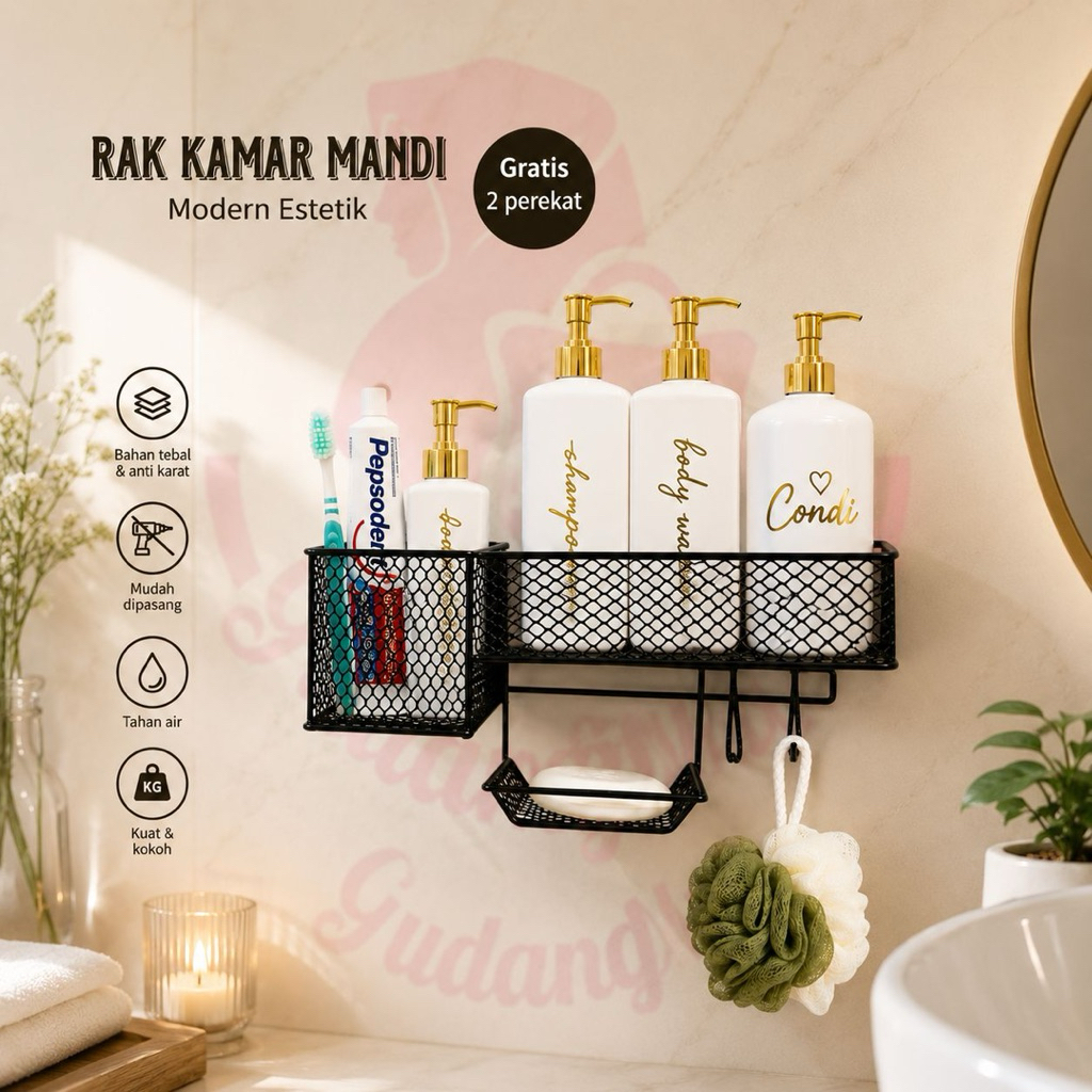 Rak kamar mandi VIOLET gratis 2 perekat dari besi anti karat ada tempat sabun dan sikat giginya