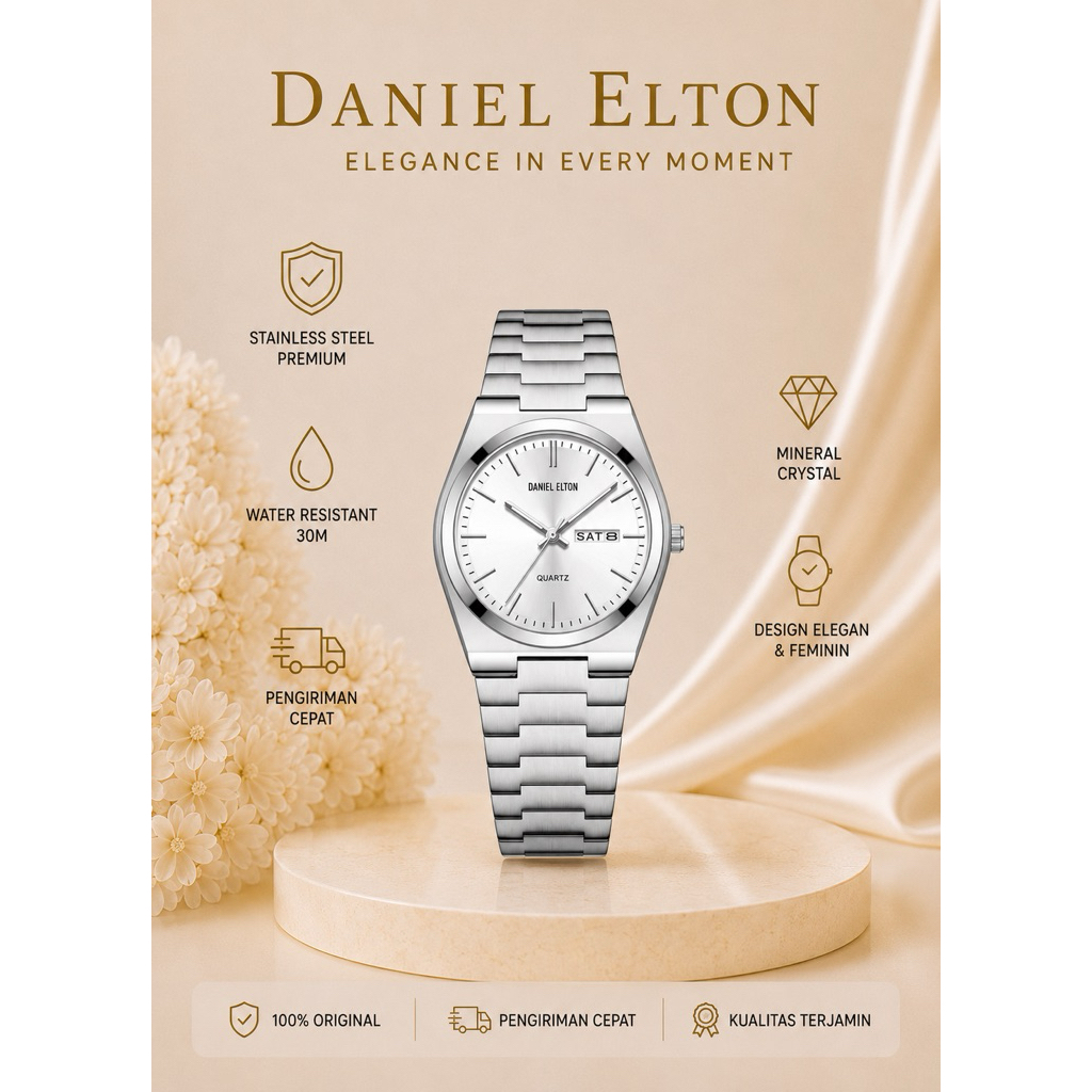 Jam Tangan Pria Daniel Elton Silver Stainless Elegant Quartz Premium Formal Casual