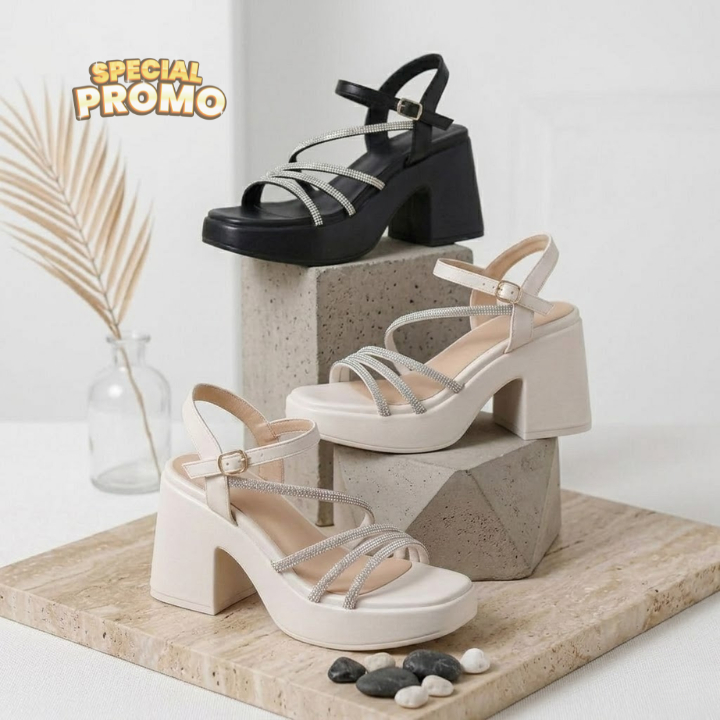 Sandal Heels Wanita Hak Tinggi Tali Glitter Permata Empuk AP57
