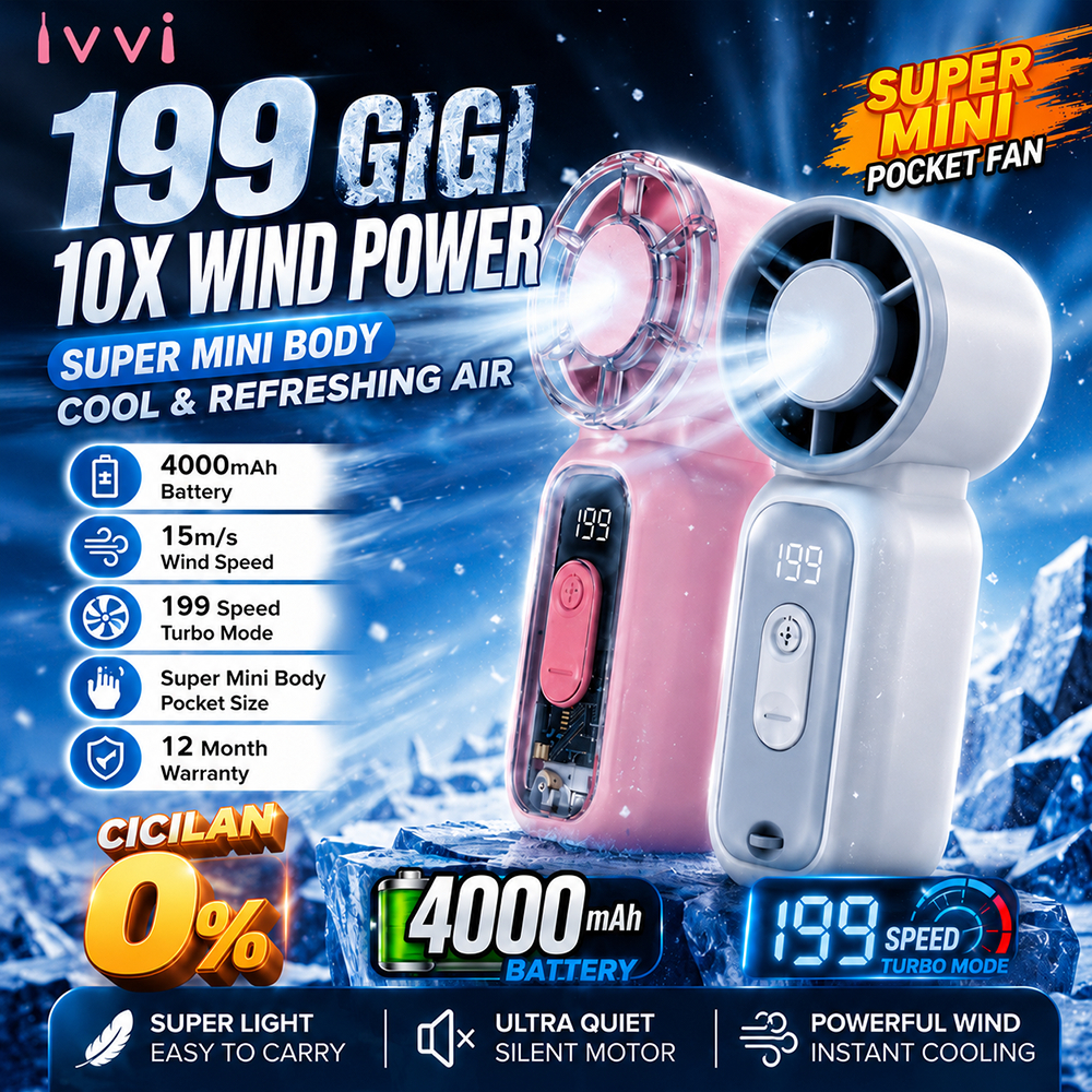 NETPAC Kipas Angin Mini Portable Super Kencang 199 Gigi Kipas Genggam Turbo Wind 15 M/S Layar Digita