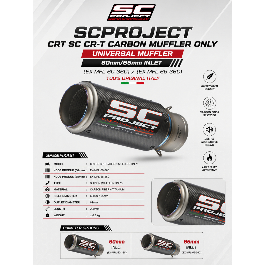 SCPROJECT MUFFLER UNIVERSAL SC PROJECT CRT SC CR-T CARBON MUFFLER ONLY - 54mm INLET (EX-MFL-54-38C) 
