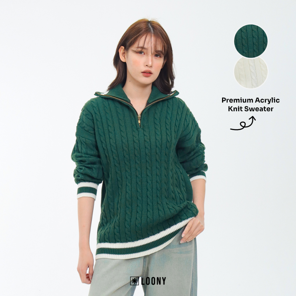 Loony - Cable Polo Knit Forest Green - Sweater