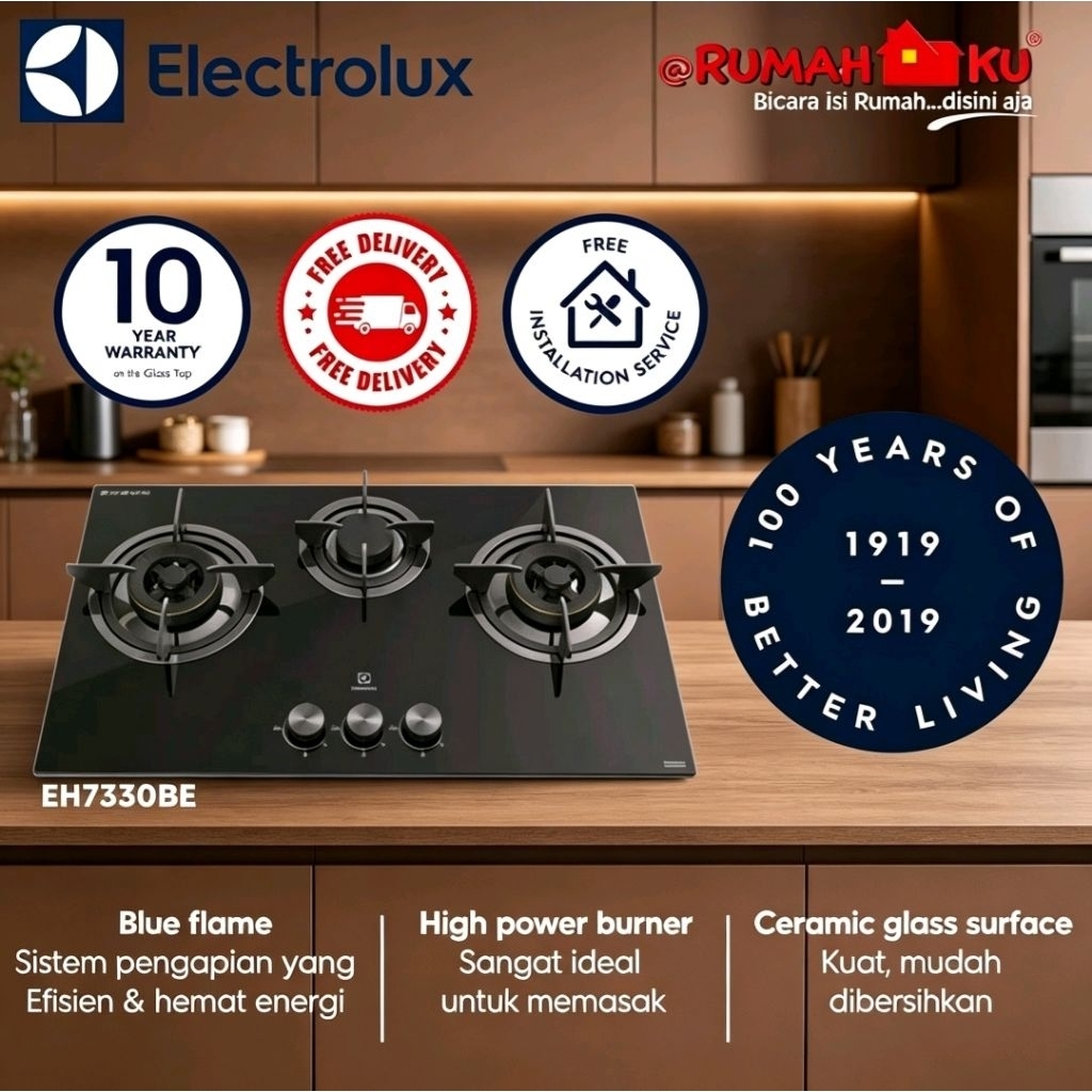 KOMPOR TANAM (STAND) ELECTROLUX EHG 7330 BE / EHG7330BE BUNNER KUNINGAN TEMPERD GLASS