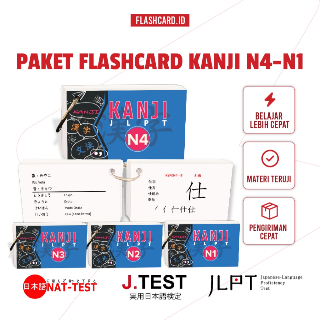 Paket Flashcard Kanji JLPT N4 N3 N2 N1 Kartu Belajar Bahasa Jepang Hafalan Kanji Lengkap