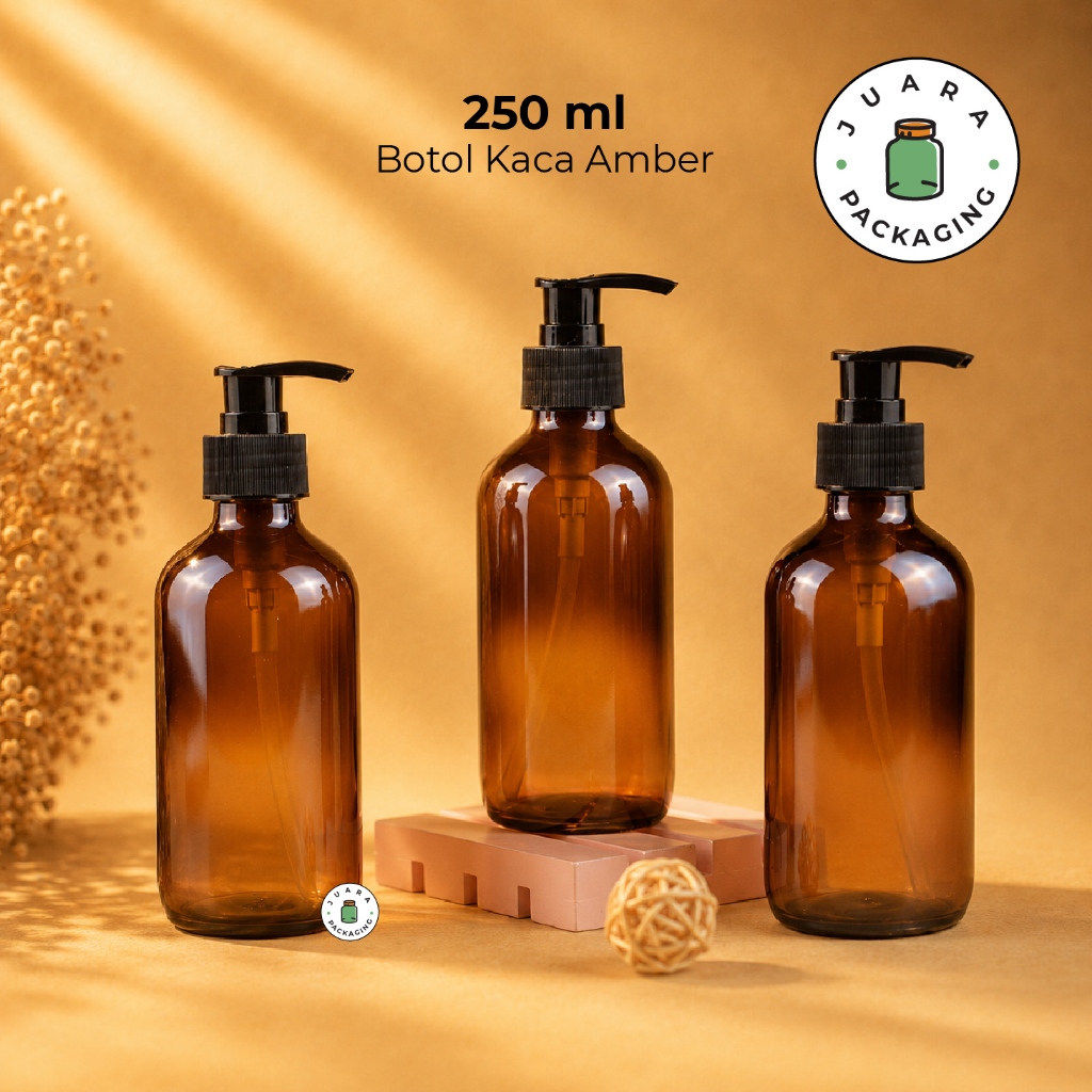 Botol Kaca Amber Pump Hitam 250ml – Wadah Sabun Lotion Shampoo Skincare Minyak Cairan Refill Botol K
