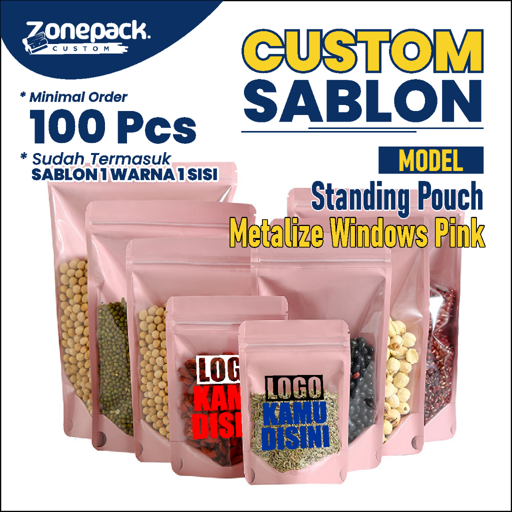 Sablon Standing Pouch Metalize Windows Pink | Packing Metalized Foil Emas Snack Kemasan Makanan Zipp