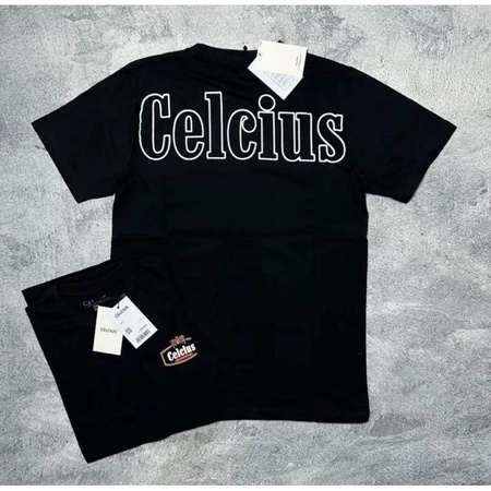 Kaos Oversize Celcius Hitam Sablon Tulisan "Celcius" Putih Outline