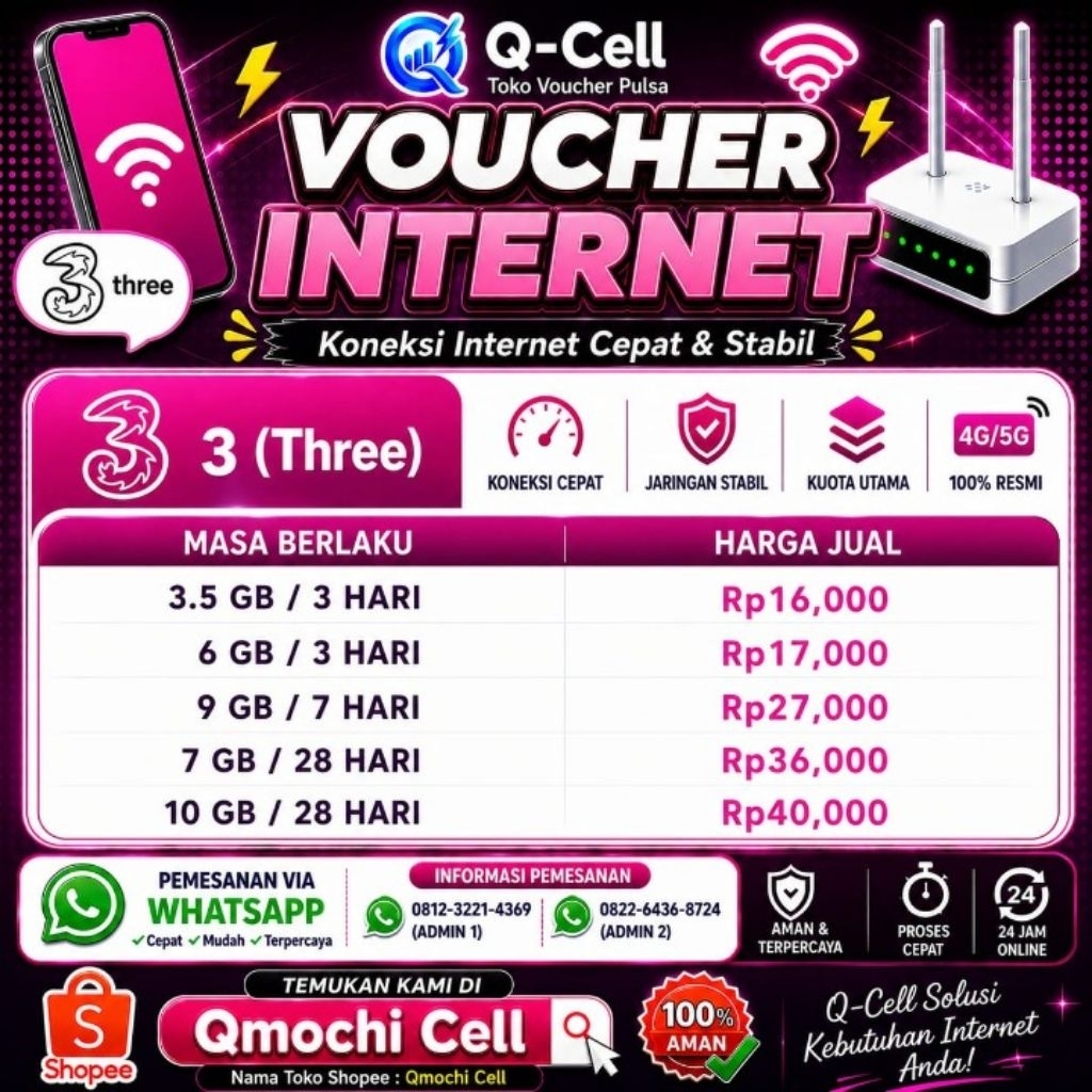 Voucher Internet Murah 3/Tri DIY, Jateng, Jatim, Bali & Nusra (Kode kirim via chat)