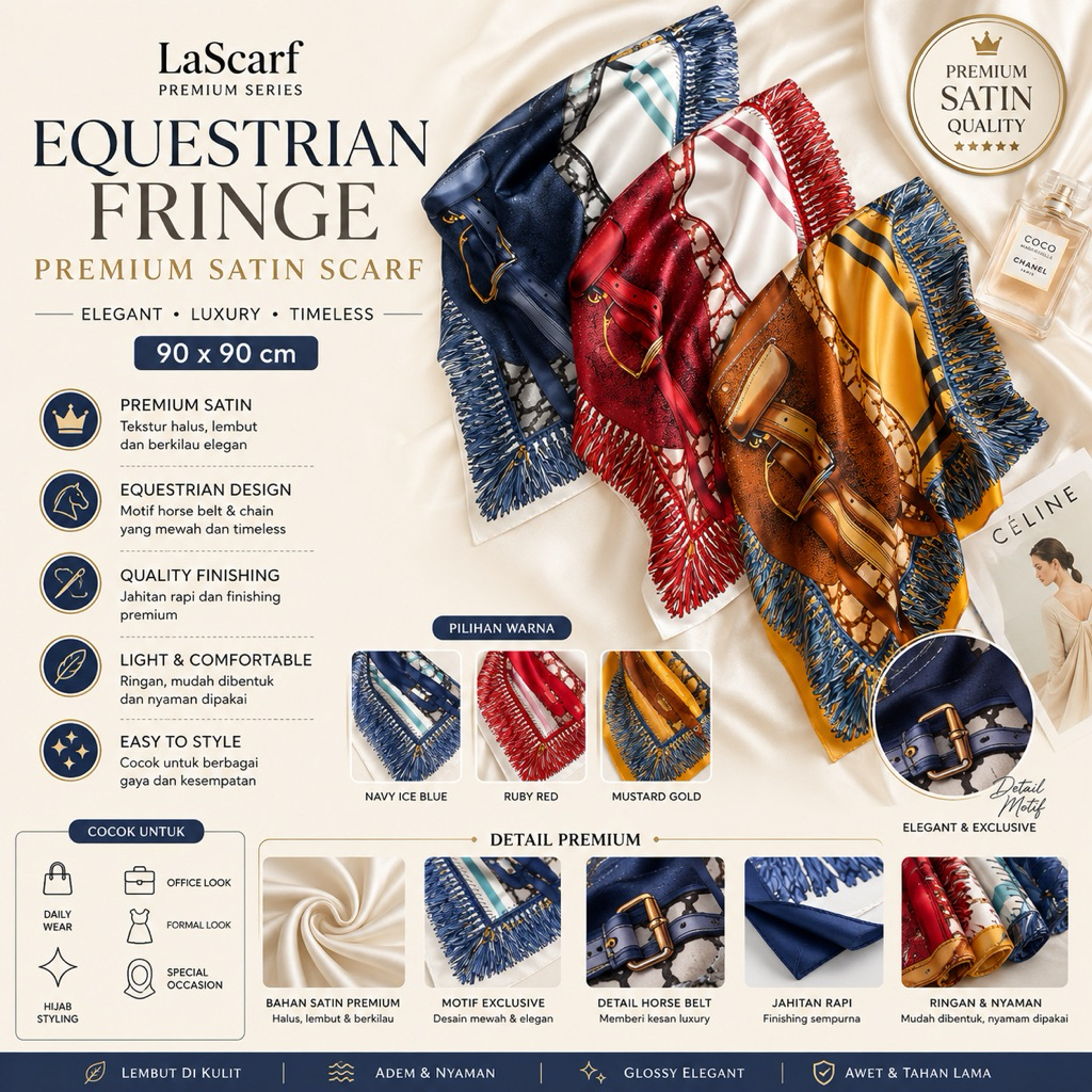 LaScarf Equestrian Fringe Premium Satin Scarf 90x90 cm – Hijab Satin Motif Horse Belt Luxury