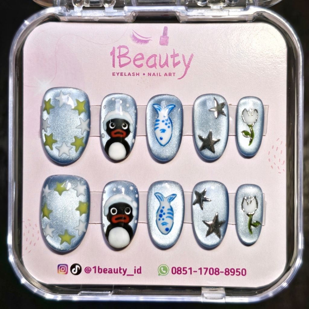 Press On Nails / Kuku Palsu / Fake Nails Cat Eye Biru Blue Star Bintang Pinguin Penguin Fish Ikan Bu