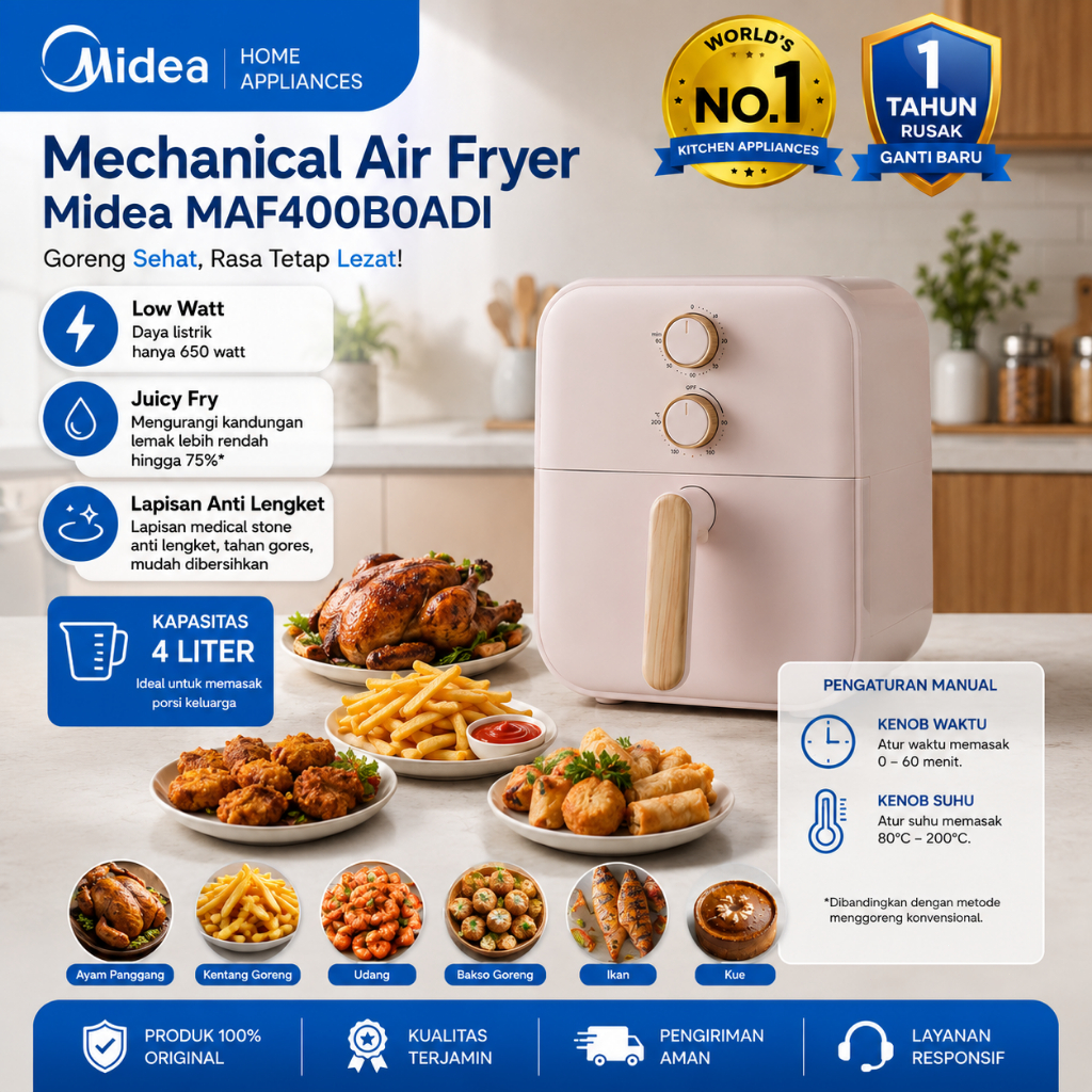[Spesial Hadiah Pernikahan]Midea Airfryer Low Watt Model Putar Aesthetic MAF400B0ADG | Garansi Resmi