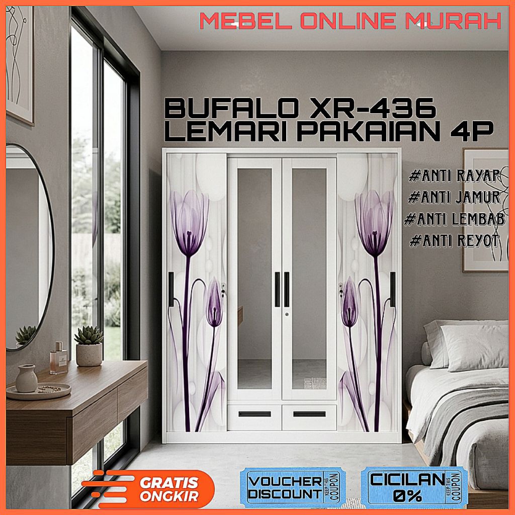 Lemari baju besi sliding 4pintu / Lemari pakaian sliding / Lemari sliding besi jumbo 160cm