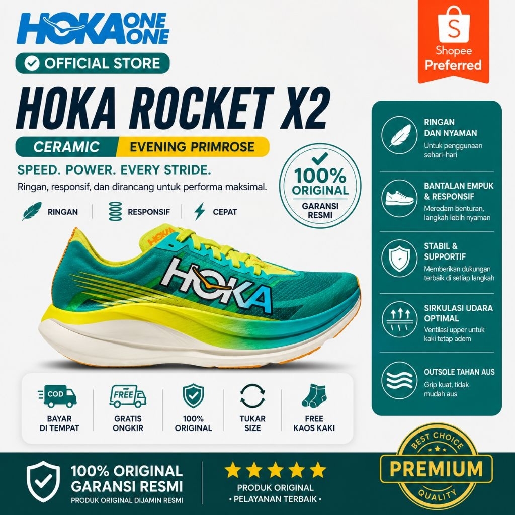Sepatu Hoka Rocket X2 Ceramic Evening Primrose Original | Carbon Running Shoes Premium Super Ringan