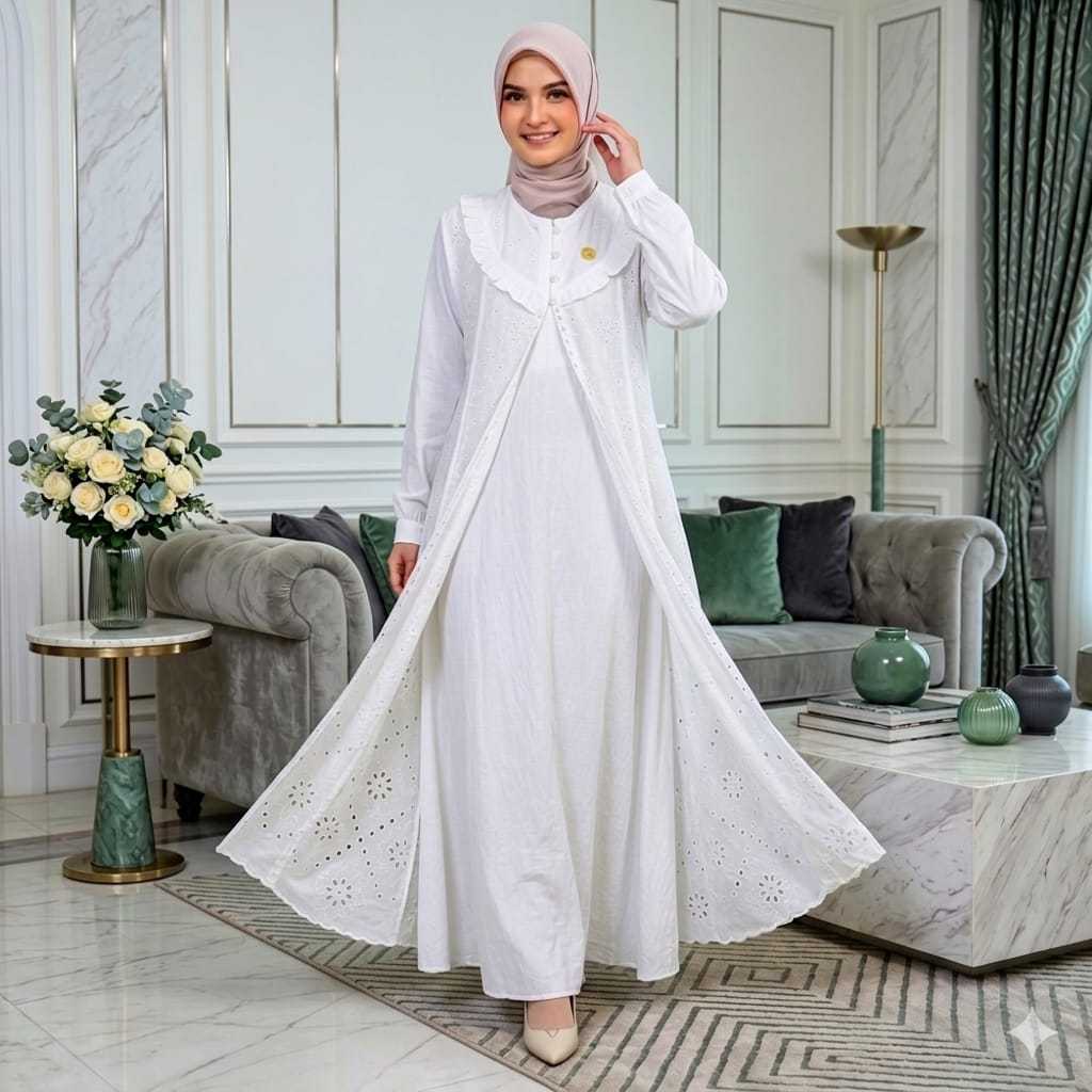 Gamis Naura Dress  putih tulang Gamis Polo Linen Premium Kombinasi Brukat Mewah dan Elegan