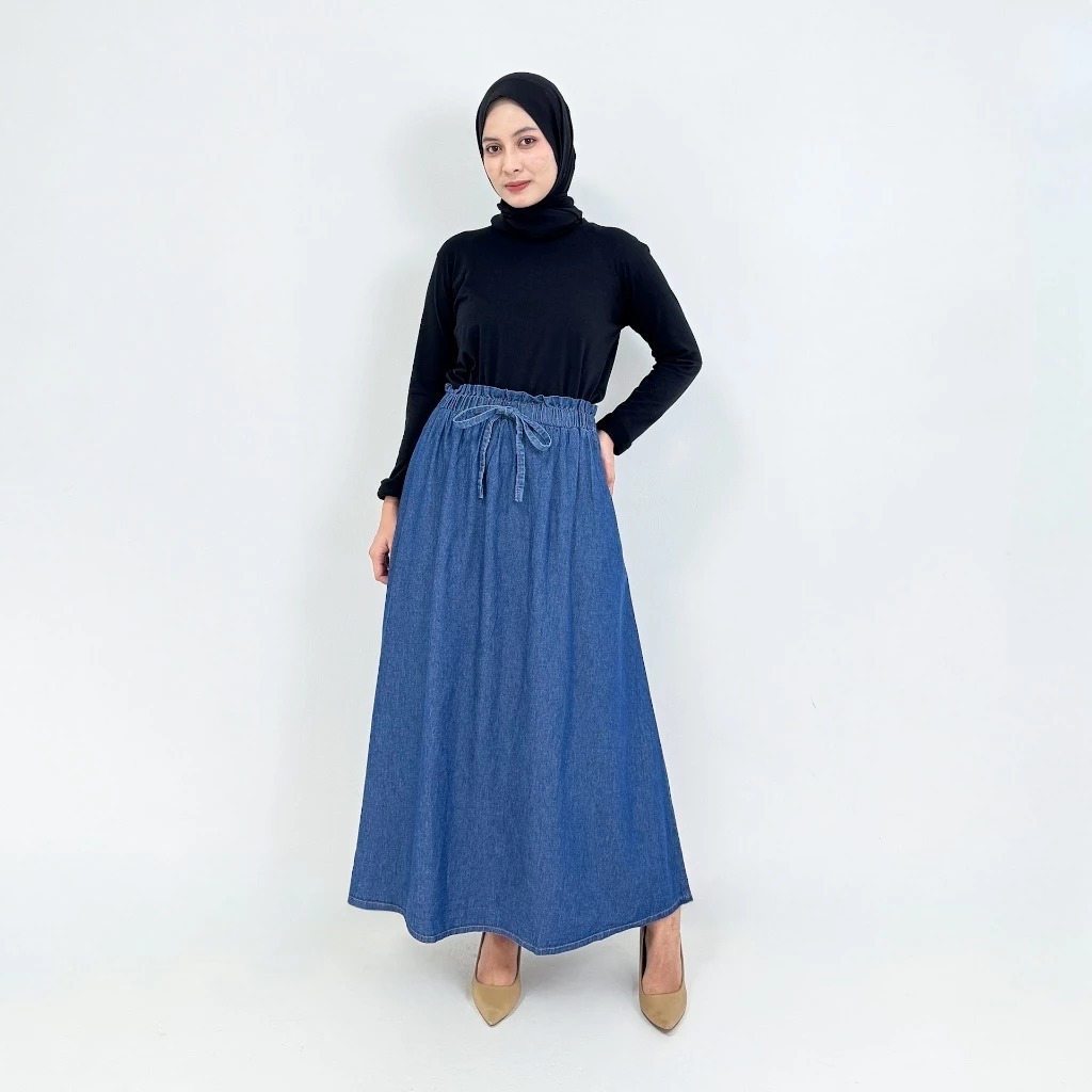 Rok Jeans Panjang Pinggang Karet/Rok jeans Rok Wanita Terbaru