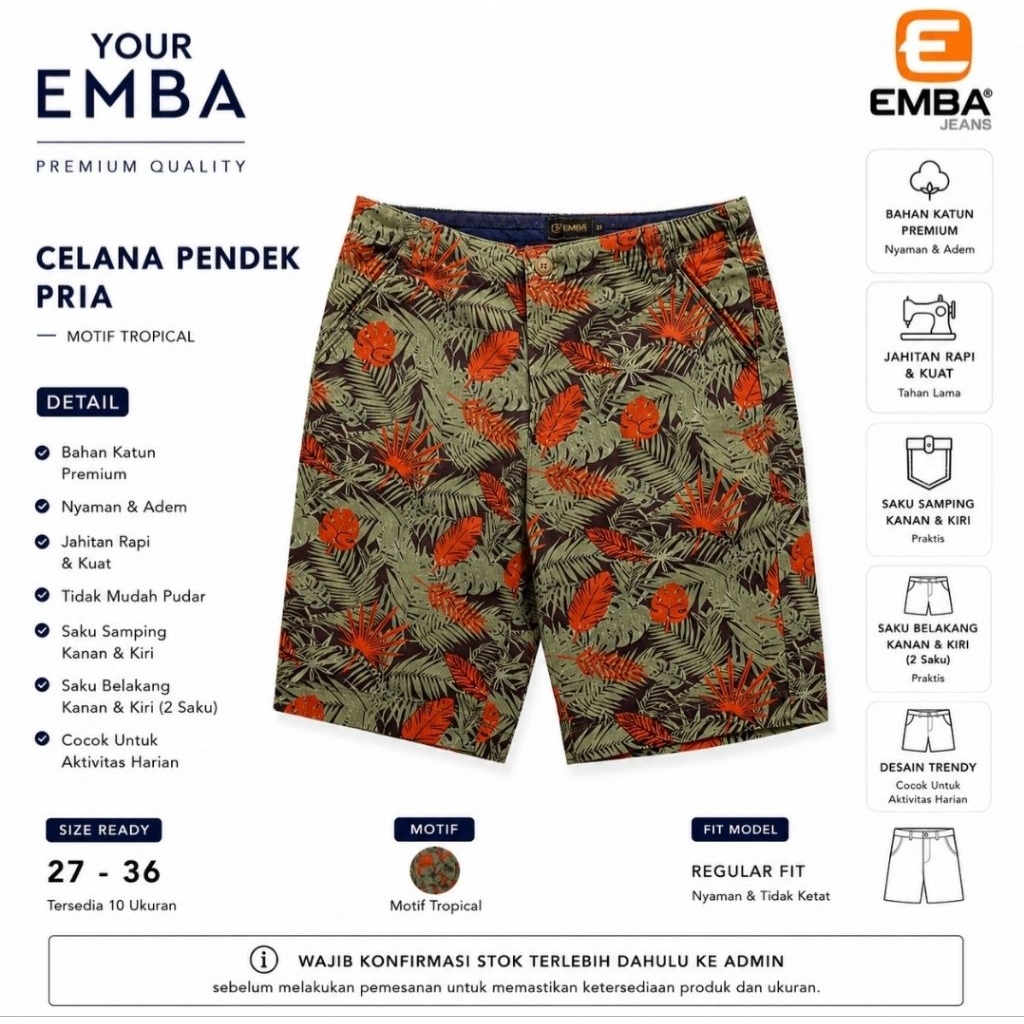 Celana Pendek Pria EMBA ORIGINAL 100% Bahan Katun Premium Warna Hijau Motif Bunga