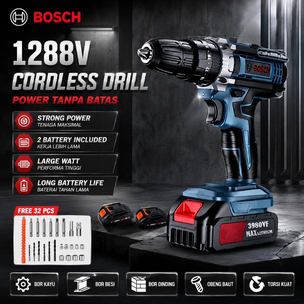 BOSCH 1288V Mesin Bor Baterai 2 in 1 Tangan Cordless Drill Battery Bor Cordless Power Drill Kit Full