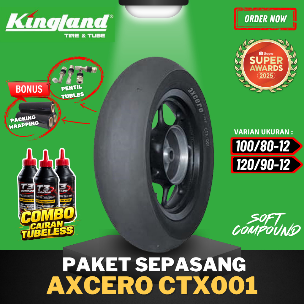 [PAKET SEPASANG] BAN KINGLAND AXCERO CTX001 ( 100/80-12 / 120/90-12 ) SOFT COMPOUND RING 12 / BAN BA