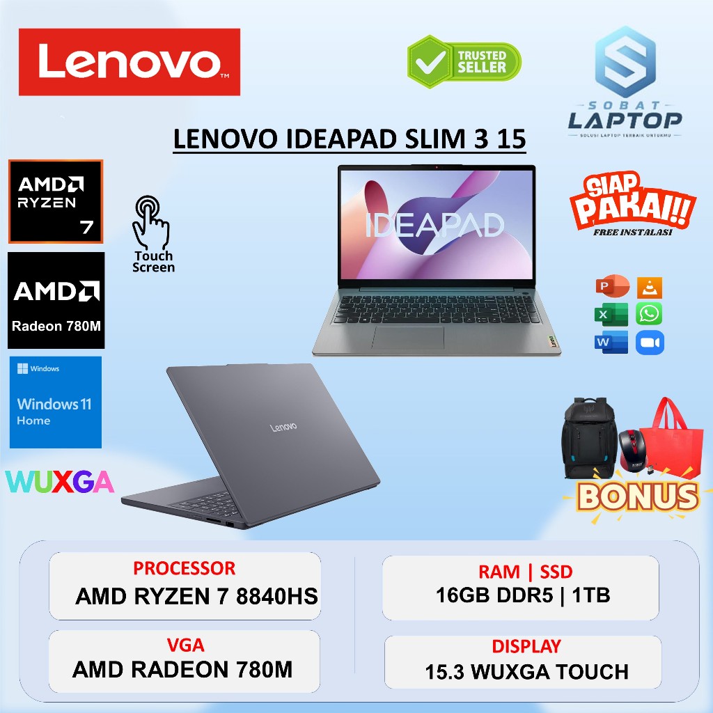 Lenovo IdeaPad Slim 3 15 Ryzen 7 8840HS 16GB 1TB SSD Touch WUXGA Win11Home