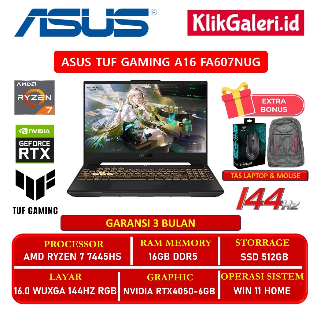 Laptop Gaming ASUS TUF A16 FA607NUG Ryzen 7 7445HS 16GB 512GB RTX4050 6GB 16" WUXGA 144Hz Win11 Mech