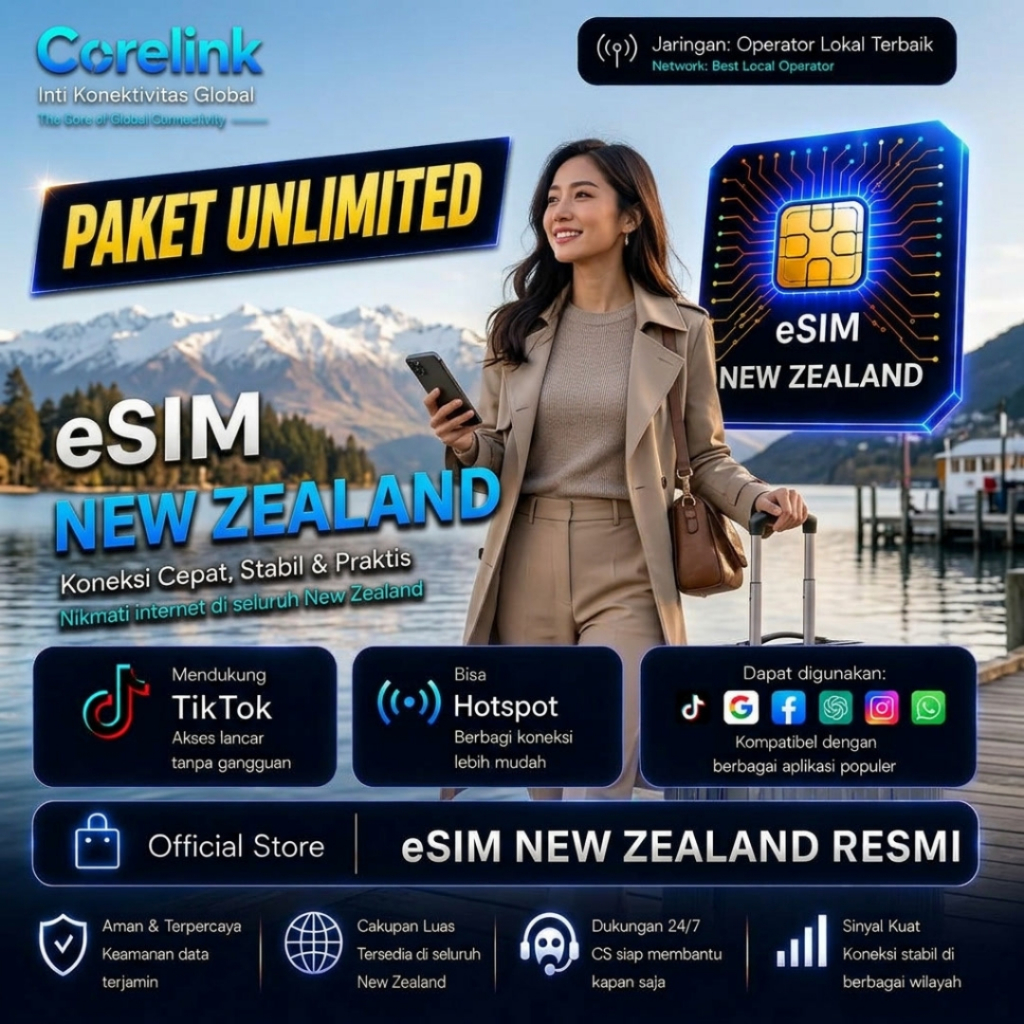 Corelinx eSIM New Zealand Jelajah Auckland, Queenstown, Rotorua, Milford Sound & Christchurch Paket 
