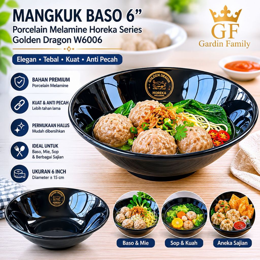 Mangkuk Baso 6" Hitam Porcelain Melamine Horeka Series - Golden Dragon W6006