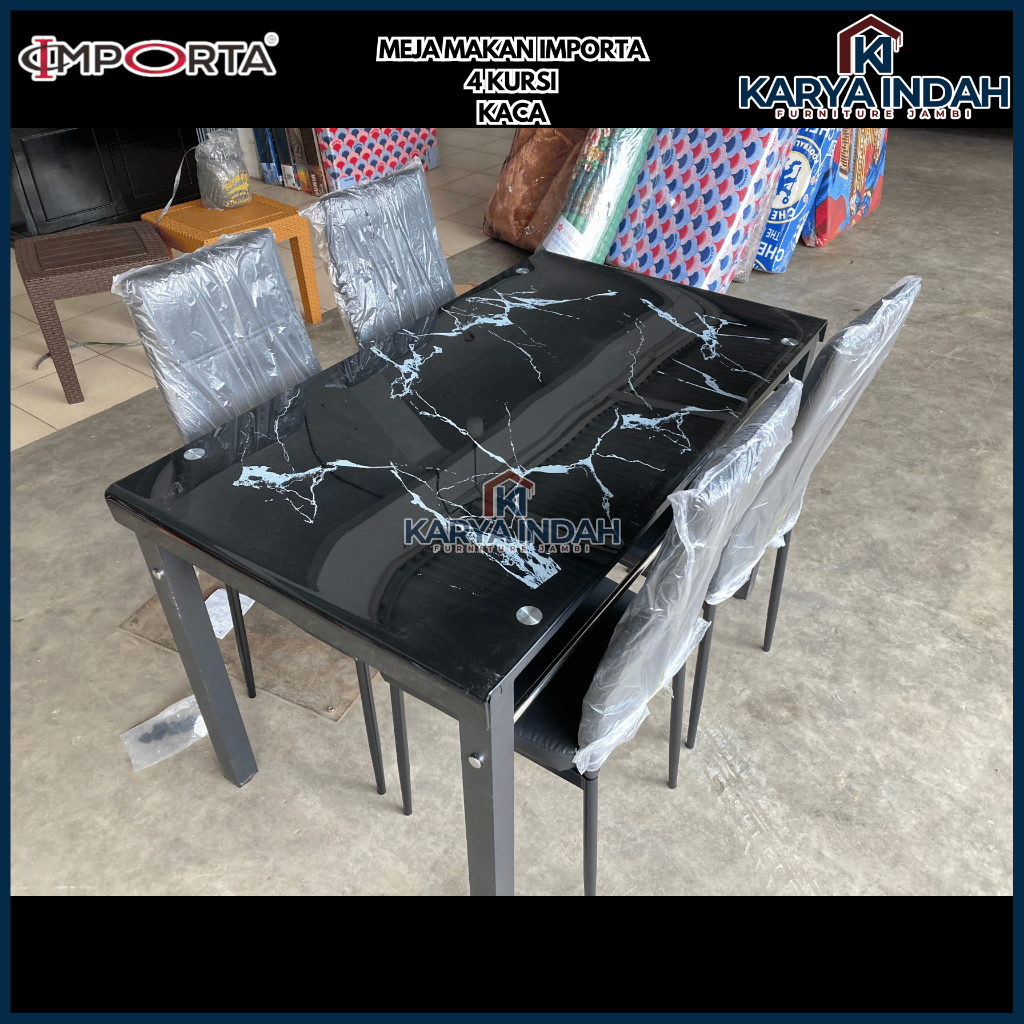 Meja Makan Kaca IMPORTA PEVITA Marble Hitam 4 Kursi Besi Modern Minimalis
