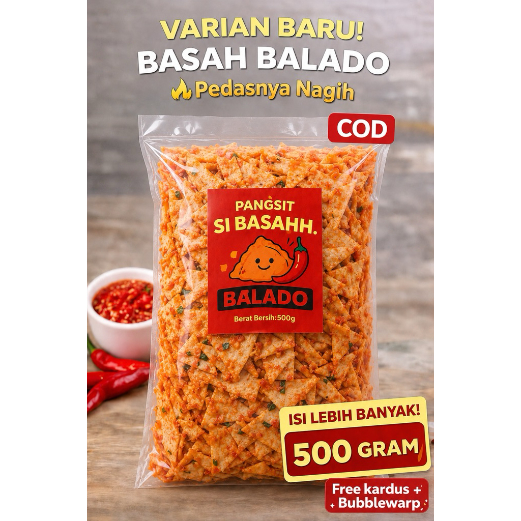 Keripik Pangsit Basah Balado 500 g | Pangsit Si Basah | Pedasnya Nagih