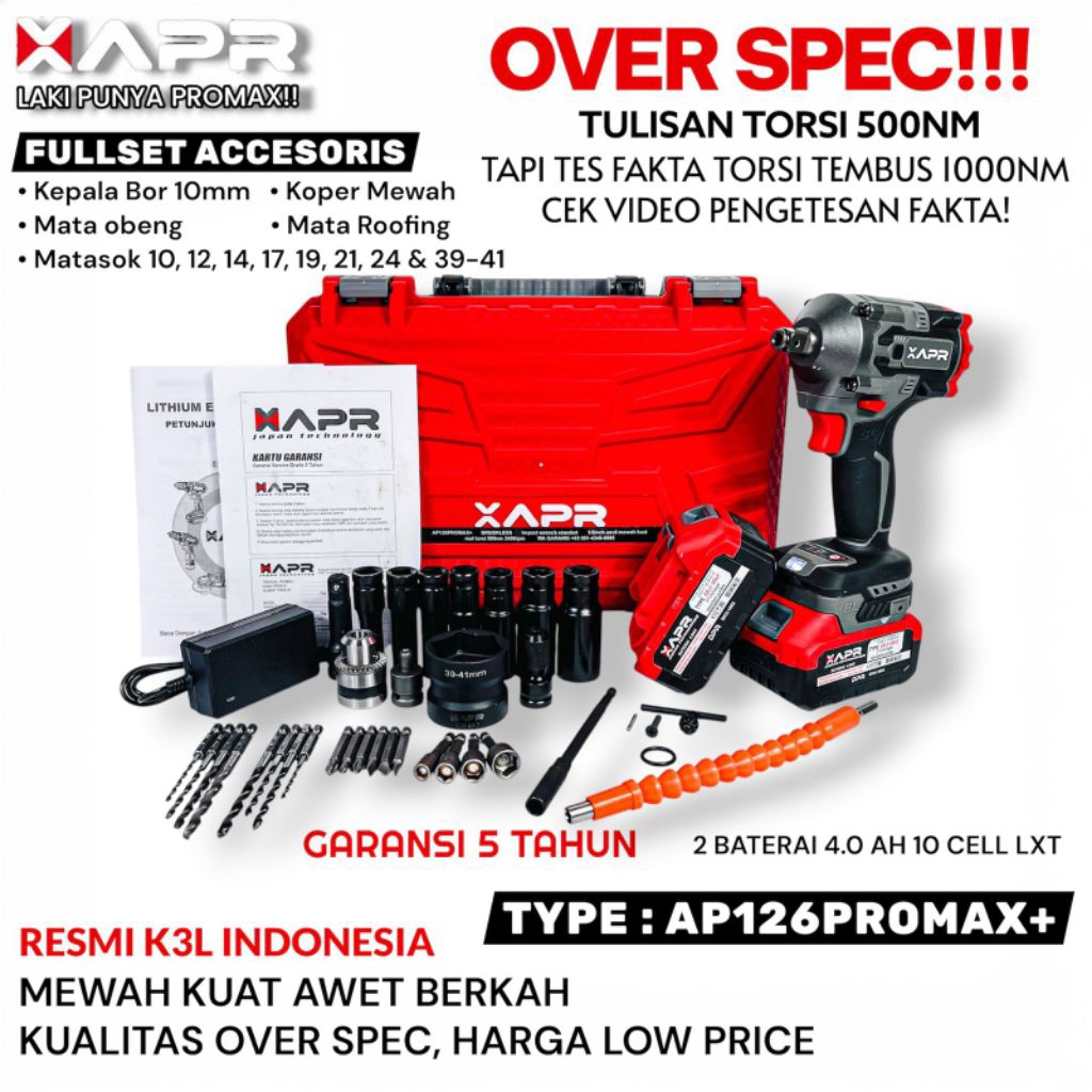 IMPACT APR AP126 PROMAX+ 1000NM BODY KECIL TENAGA JUMBO FULLSET 2 BATERAI bor impek buka baut