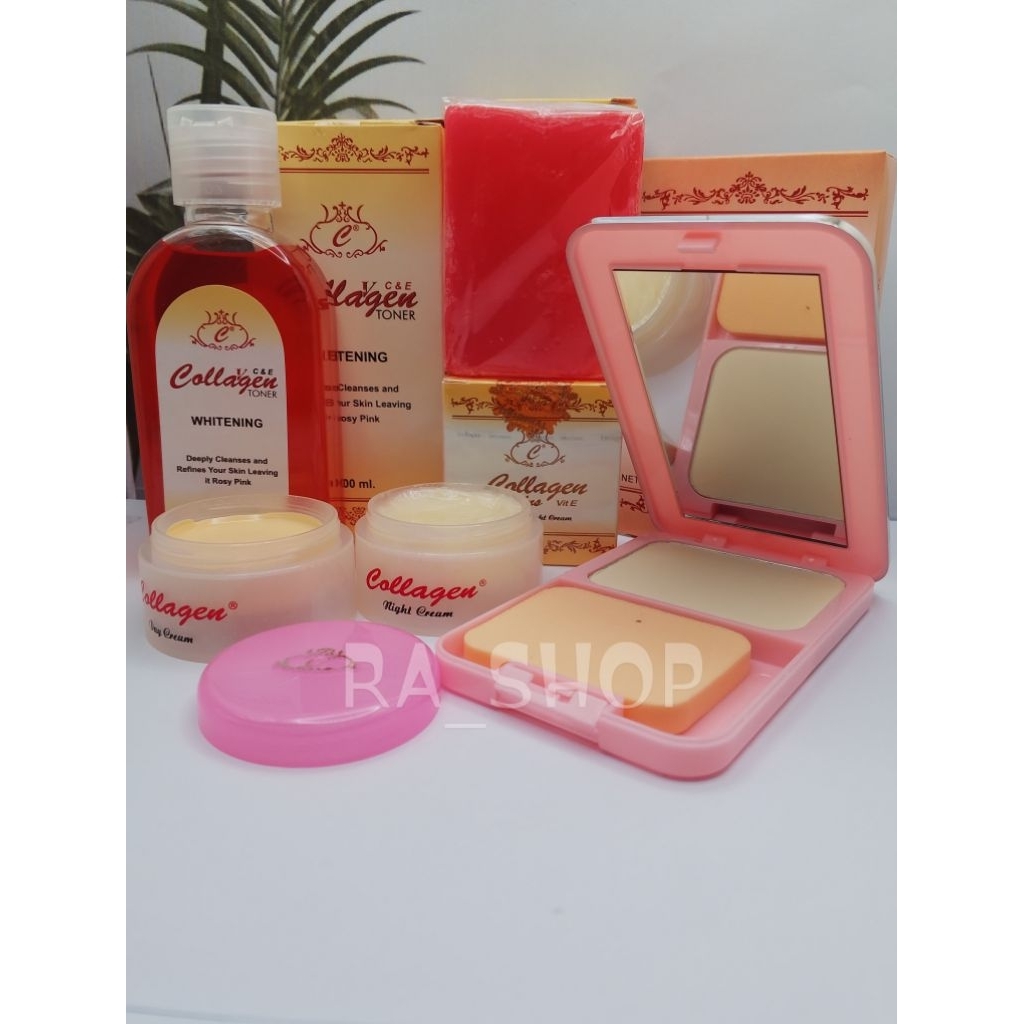 PAKET " COLLAGEN " 5in1 ( KRIM SIANG - KRIM MALAM - TONER - BEDAK - SABUN )