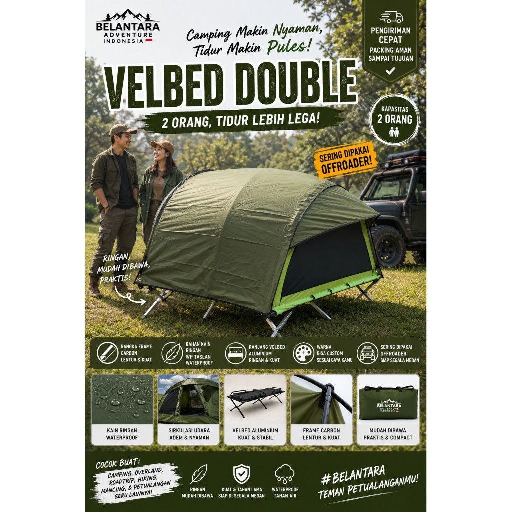 Tenda Velbed Double Fullset Kapasitas 2-3 Orang Tenda Mancing Double Bed  Belantara Adventure