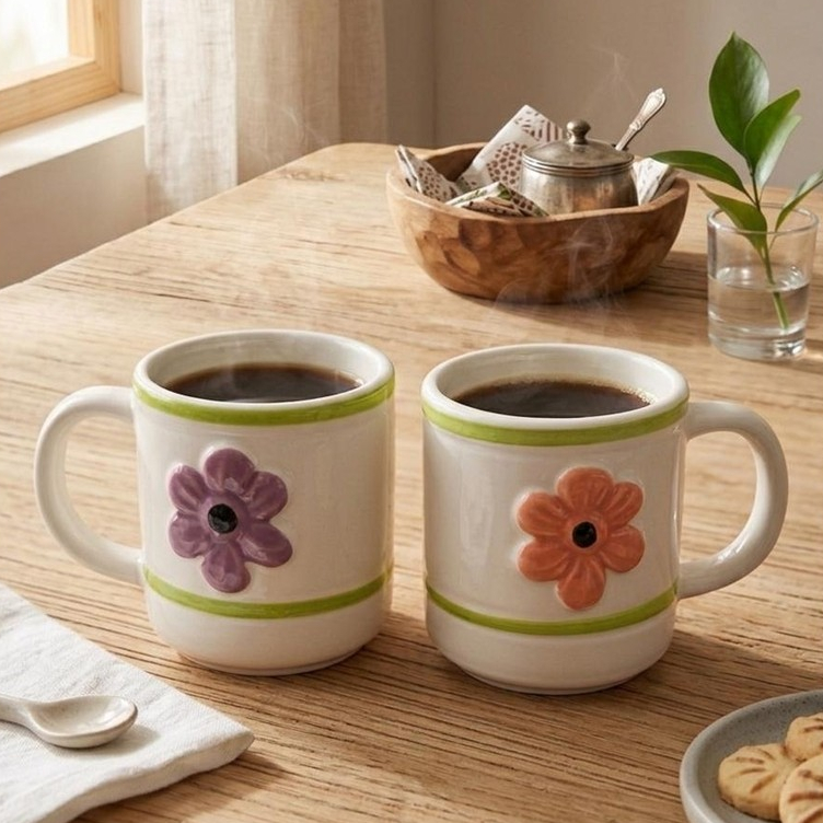 Mug Bunga Timbul Keramik Estetik | Cangkir Keramik Bunga Vintage | Mug Keramik Floral Estetik Premiu