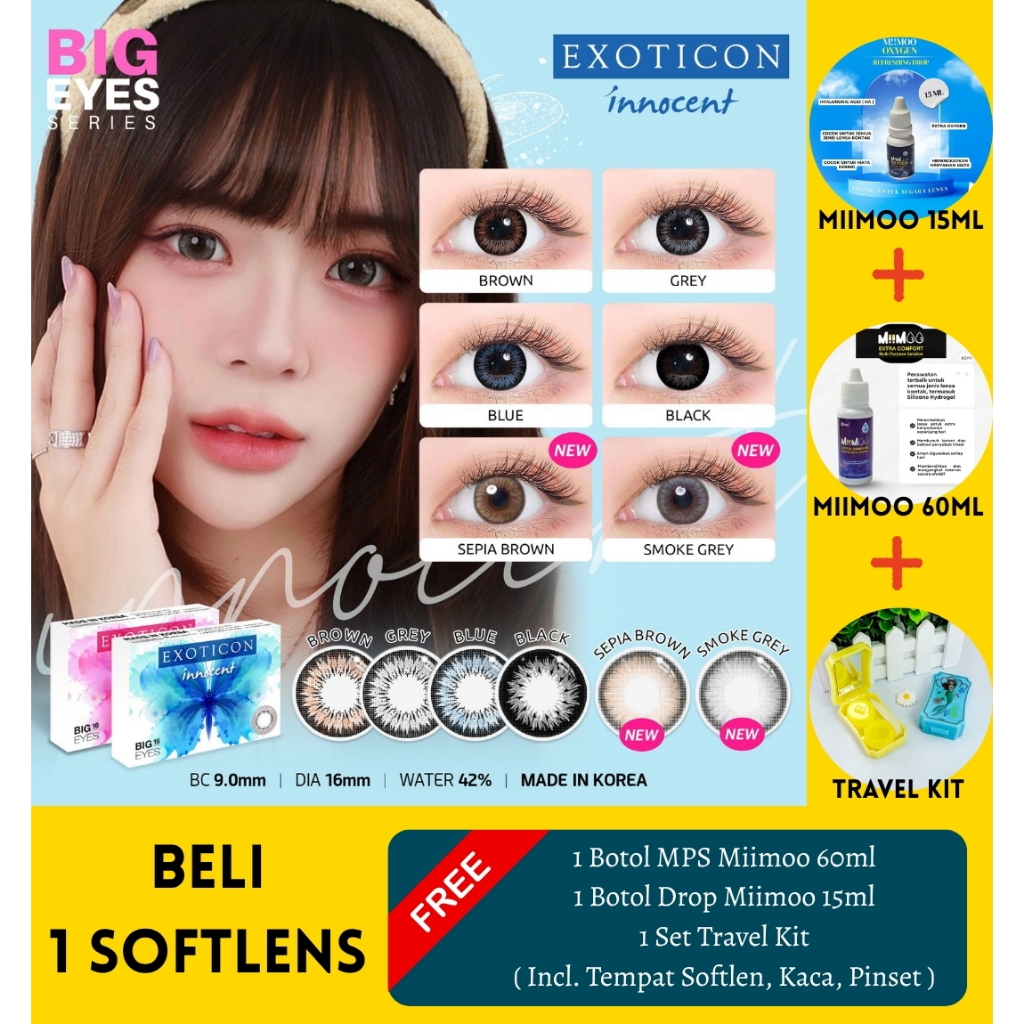 Bundling Softlens Innocent + MPS Miimoo 60ml + Drops miimoo 15ml + Travel Kit Mini Kaca Minus -0.50 