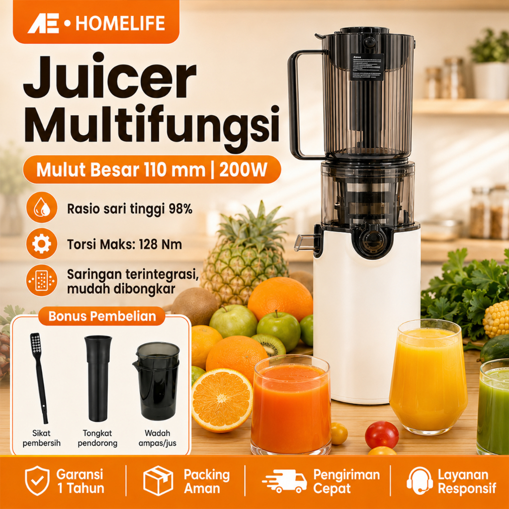 AE-Juicer Buah | Slow Juicer | Juicer Tanpa Ampas | Pemisah Ampas Otomatis Tingkat Ekstraksi Jus 99%