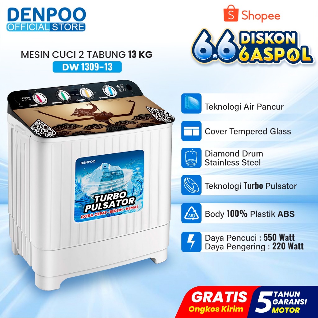 DENPOO MESIN CUCI 2 TABUNG DW 1309 NEW ( 13KG )