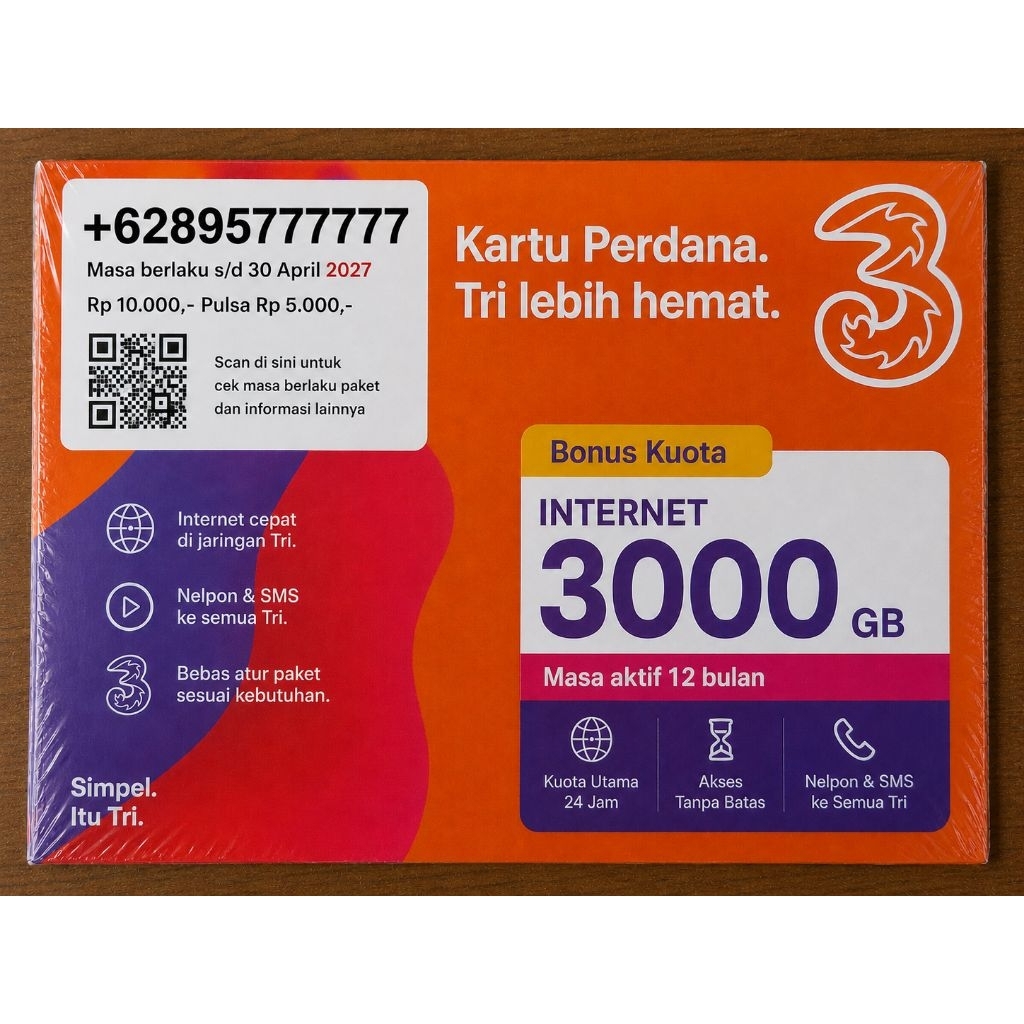 Kartu Perdana 3 10 DIGIT  bonus kuota internet 3000 GB jaringan sudah nasional