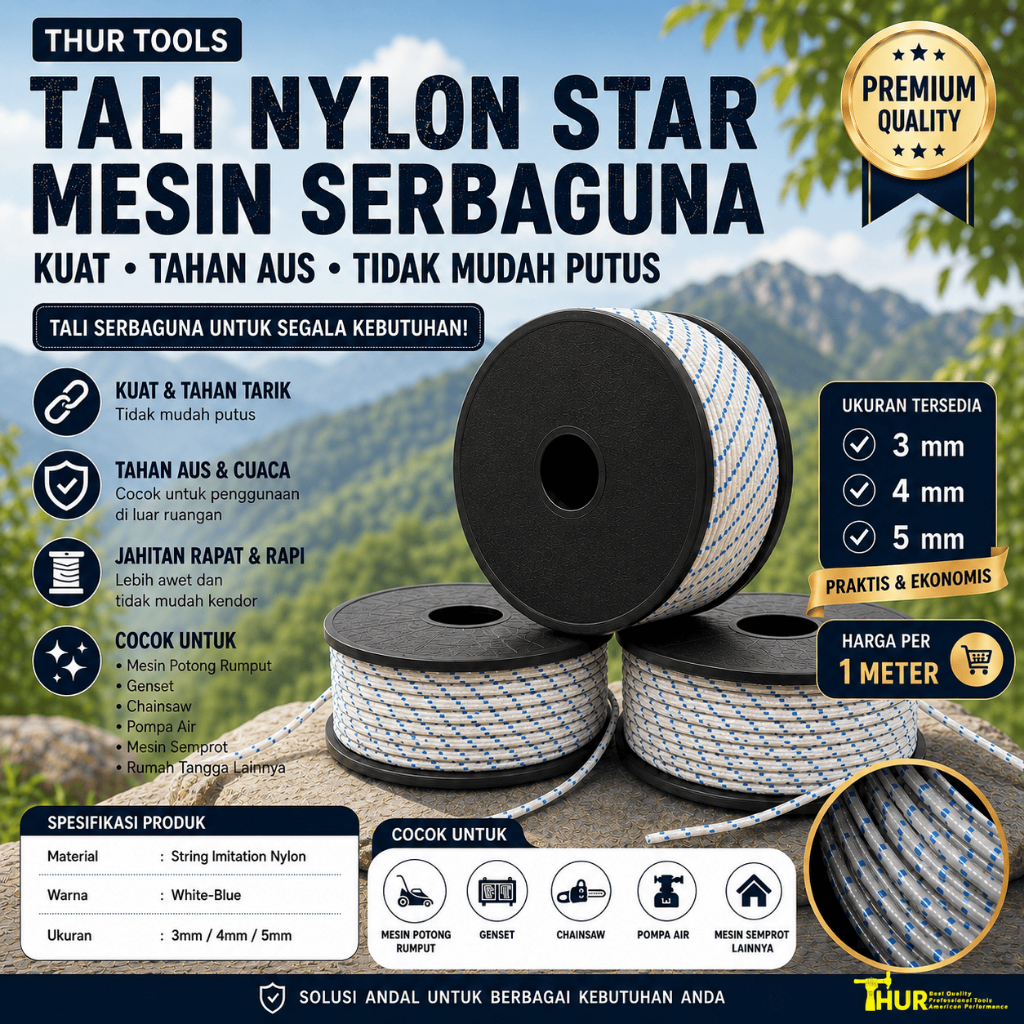 THUR Tali Stater 3mm 4mm 5mm ECER 1 METER Tali Pullstarter Engkol Nylon Mesin Serbaguna Potong rumpu