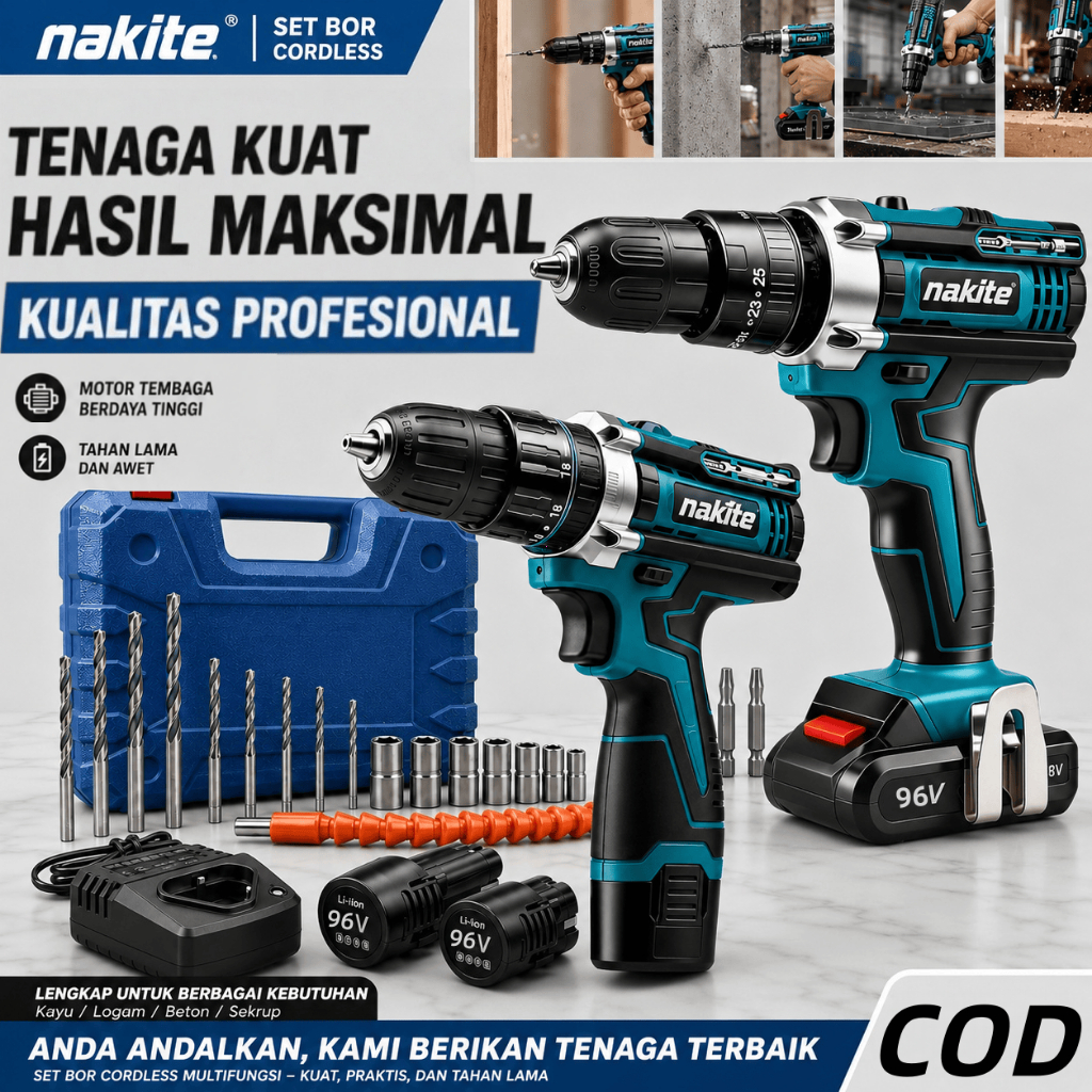 Mesin  bor listrik cordless 96V impact Baterai bor listrik set lengkap 10mm bolak balik drill