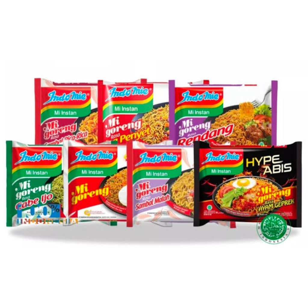 mie Indomie goreng all varian sambal matah dan Indomie pedas,kriuk, rendang, cakalang Aceh dll