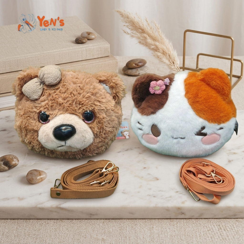 Tas Boneka Anak Karakter Beruang & Kucing Gaya Korea - Tas Ransel & Selempang 2-in-1 Premium