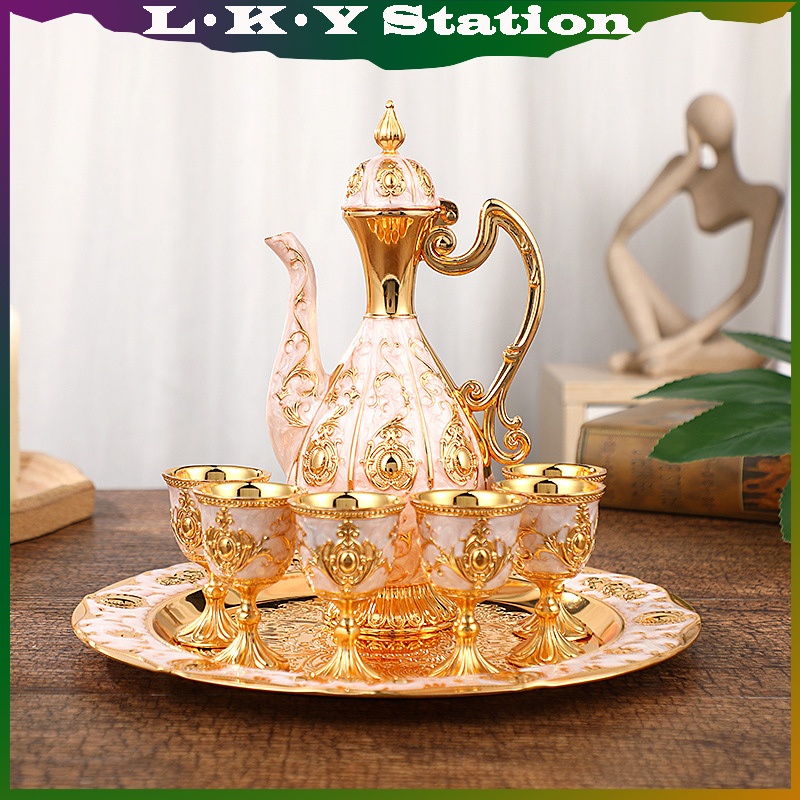 Teko Arab Aladin Emas | Set Premium 7pcs dengan Gelas & Nampan untuk Hiasan Rumah
